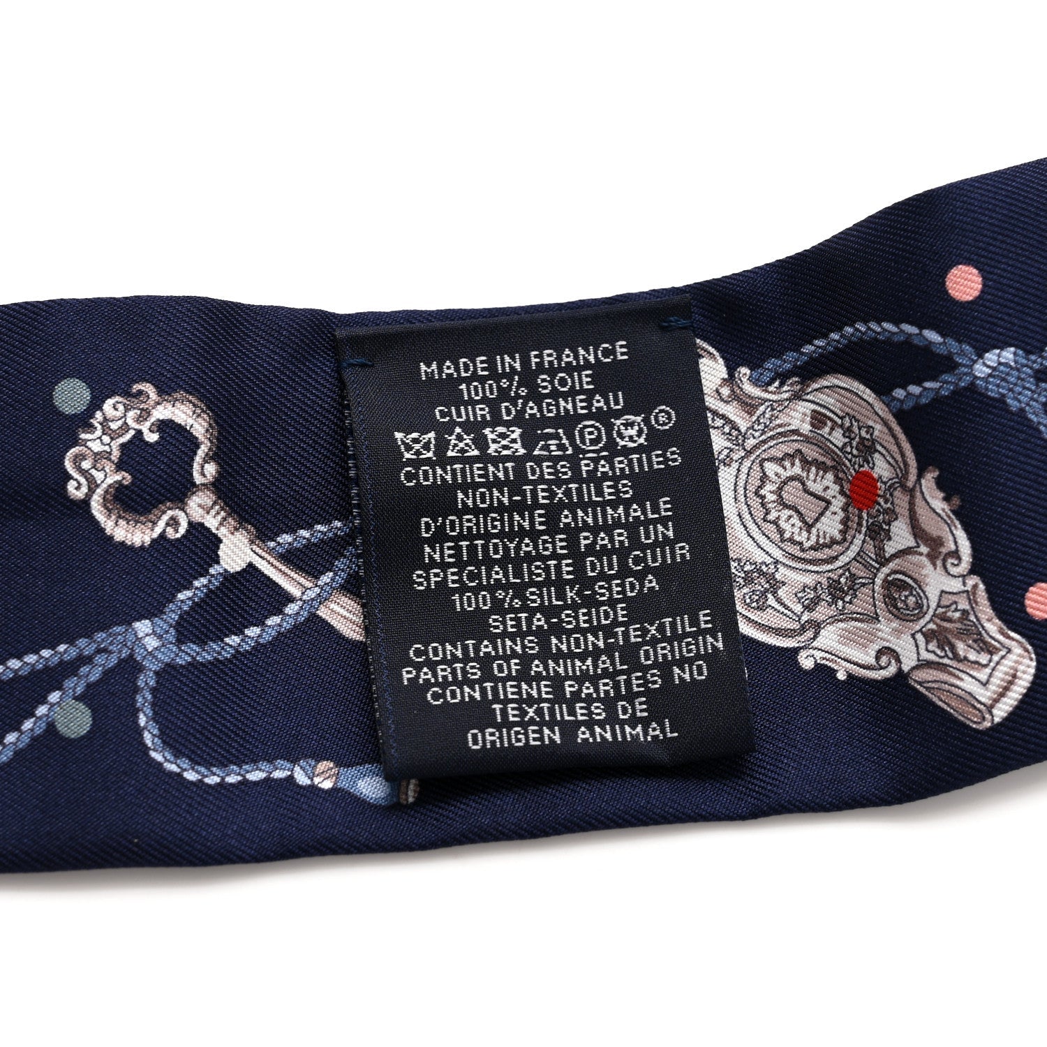 Silk Calfskin Les Cles A Pois Fringed Twilly Bleu Marine Gris Argent Multicolor