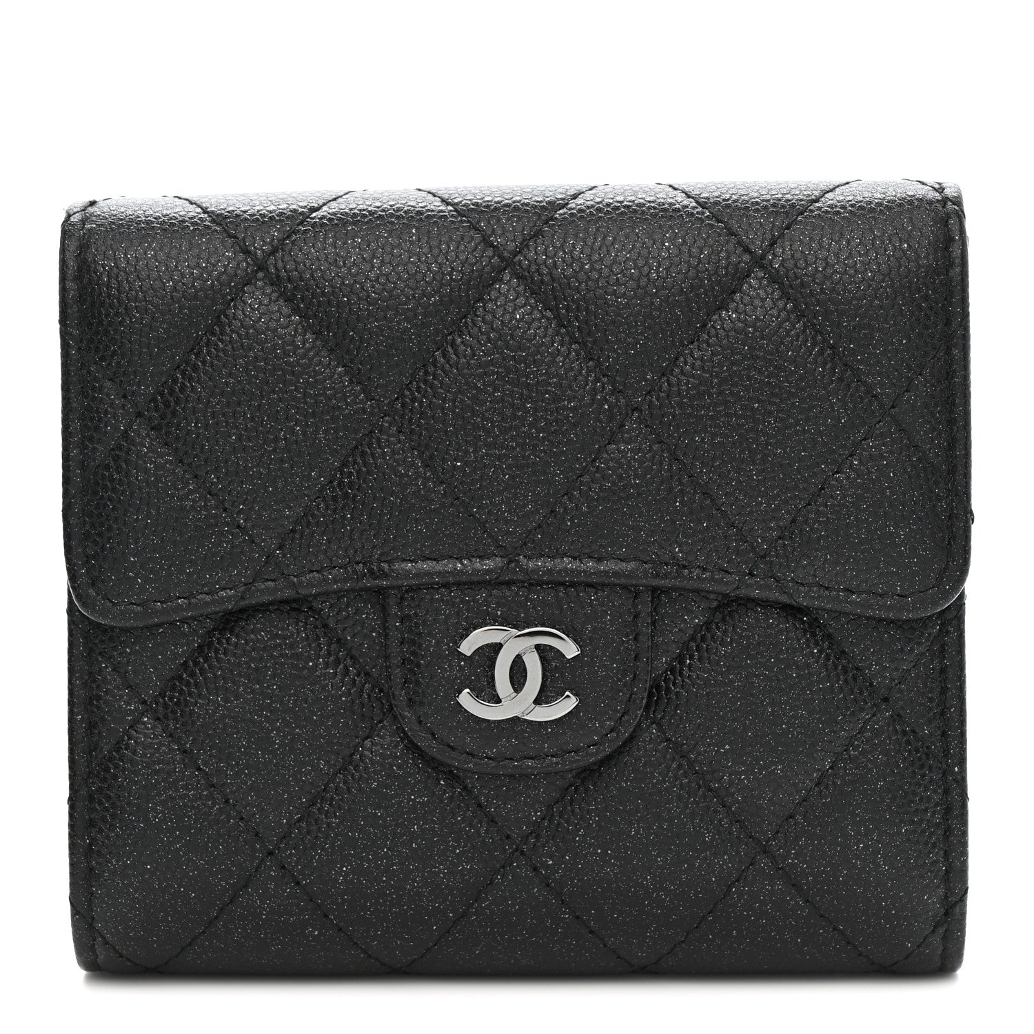 Iridescent Caviar Quilted Compact Flap Wallet Black