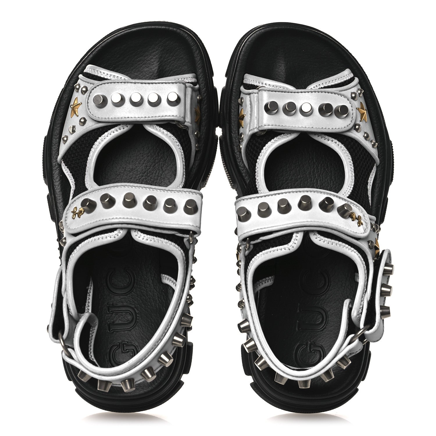 Technical Canvas Calfskin Reflective Studded Mens Aguru Sandals 6.5 Silver Black