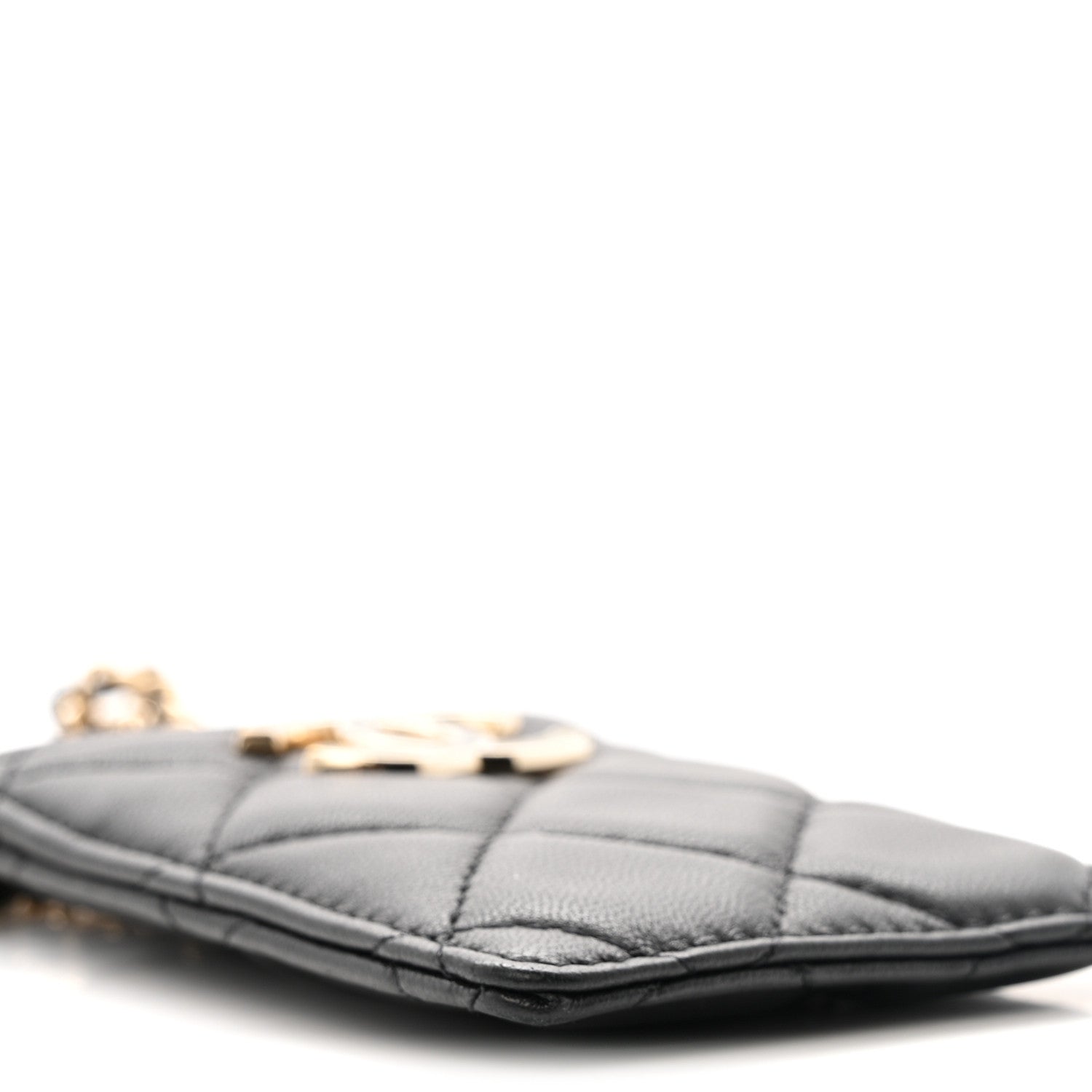 Lambskin Quilted Glitter Card Holder On Chain Black