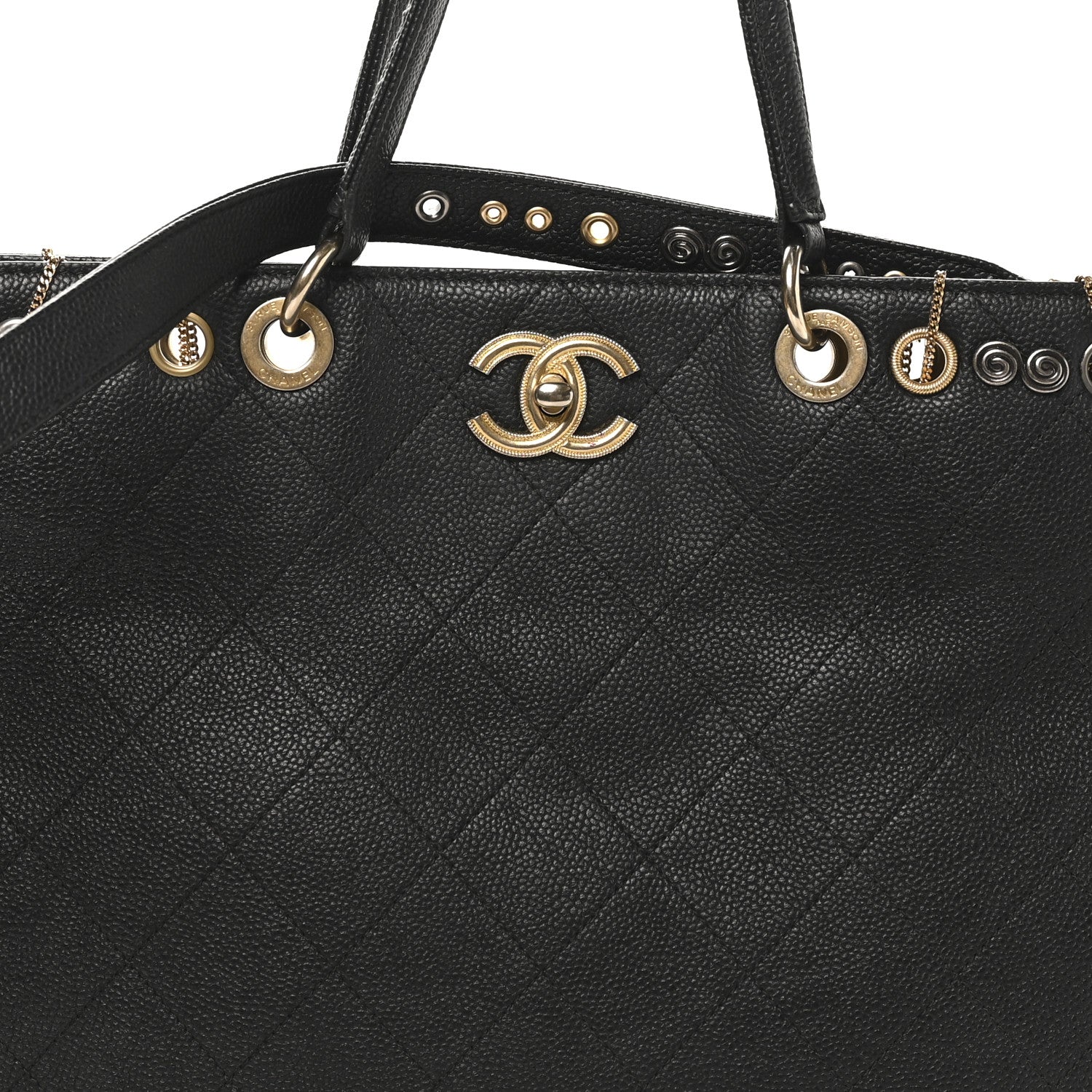 Caviar Quilted Grommet Embellished Piercing Chic Tote Bag Black