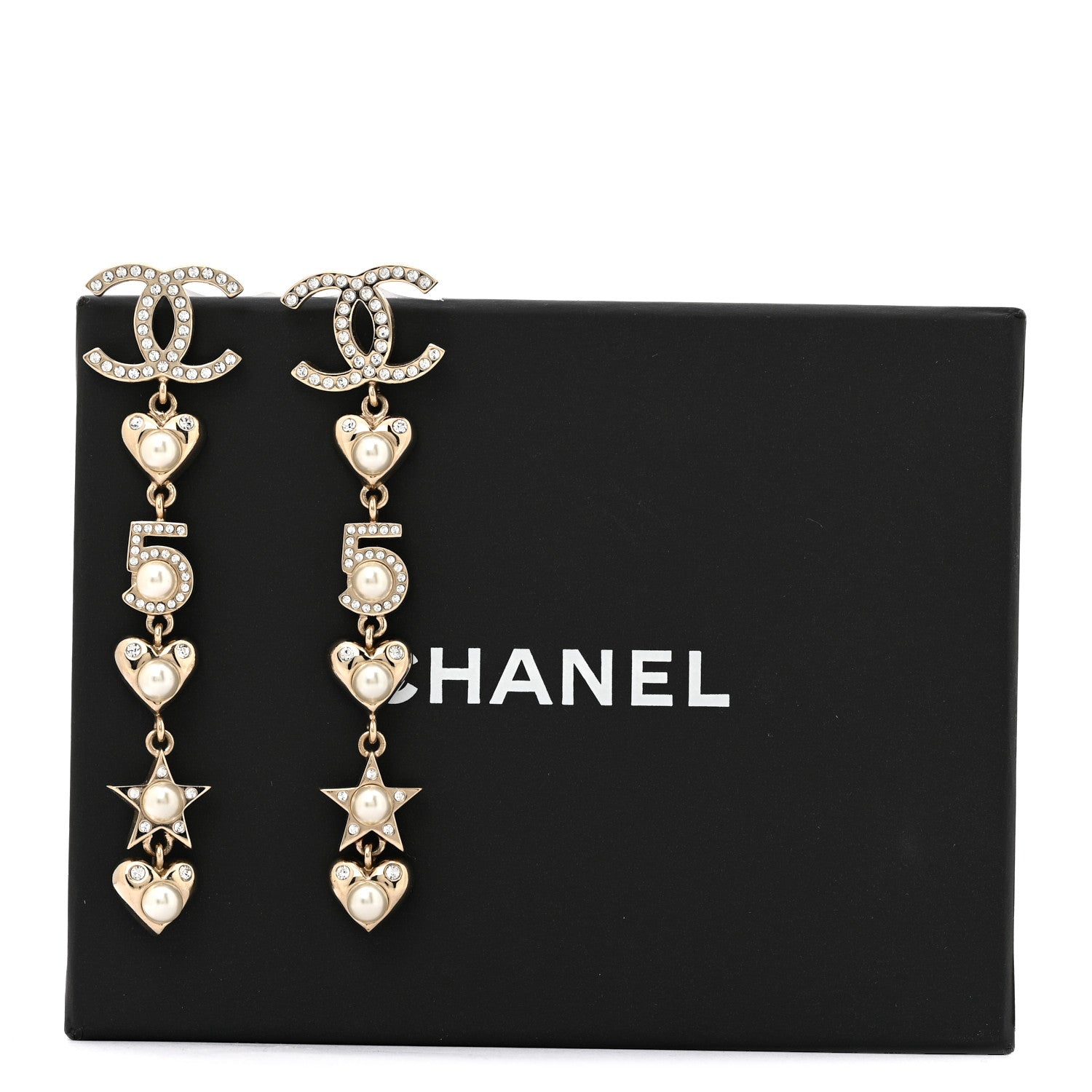 Crystal Pearl Charming Winter CC Star Heart Drop Earrings Gold