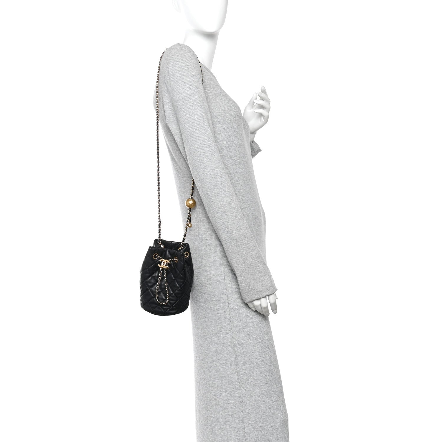 Lambskin Quilted Small Pearl Crush Bucket Bag Black