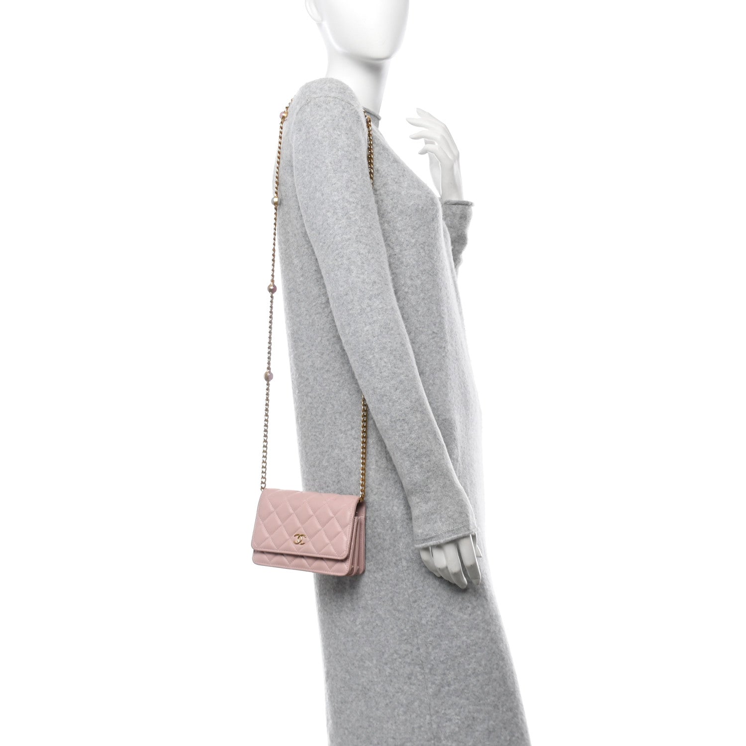 Lambskin Quilted CC Pearl Enamel Clutch on Chain WOC Light Pink