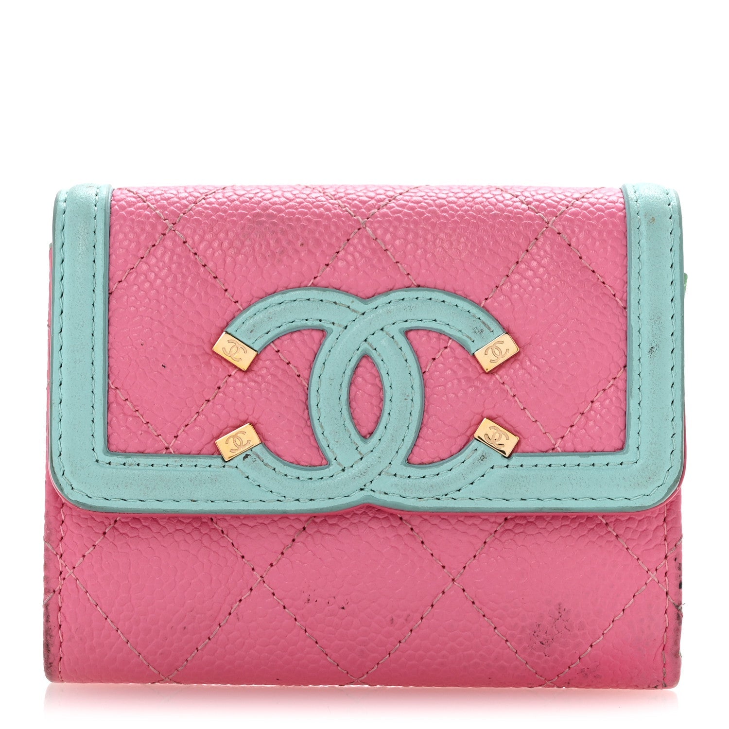 Caviar Quilted Filigree Flap Card Holder Pink Blue Green
