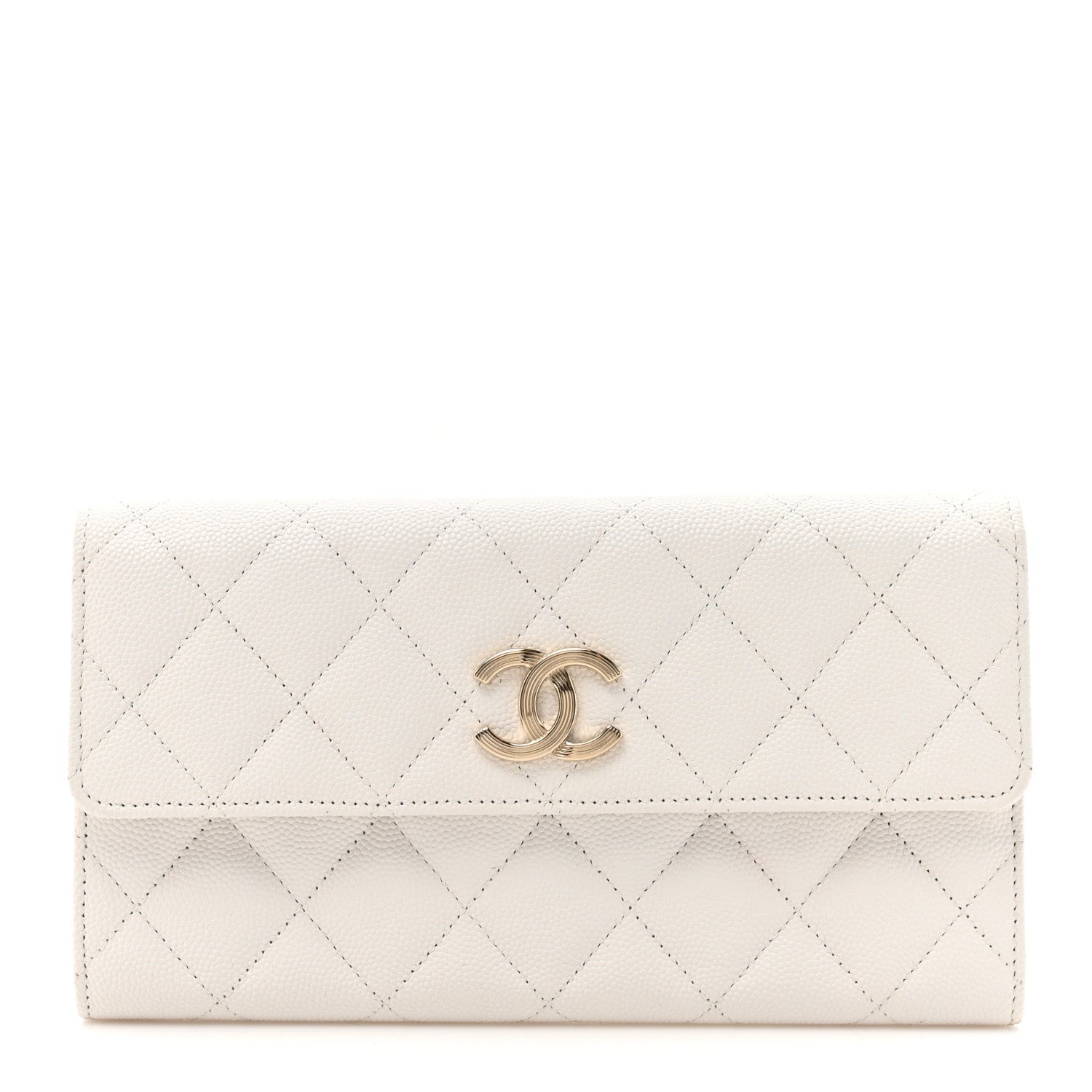 Caviar Quilted Striated CC Large Gusset Flap Wallet White