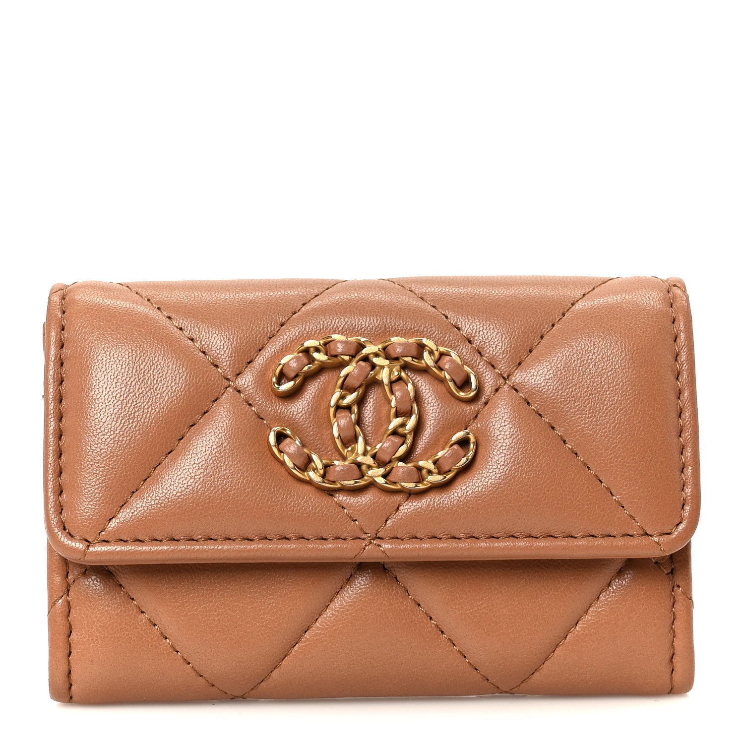 Lambskin Quilted Chanel 19 Flap Card Holder Brown