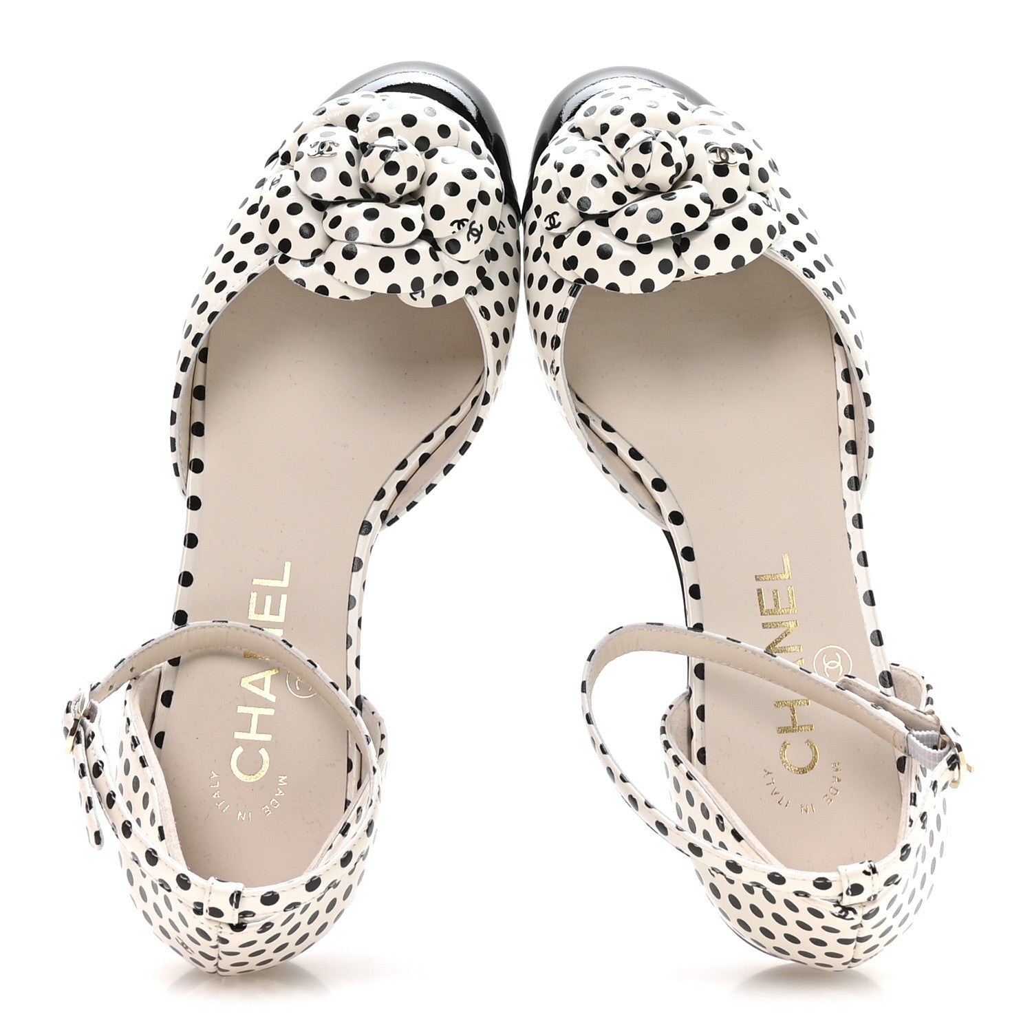 Calfskin Printed Patent Cap Toe Polka Dot Camellia Mary Jane Flats 36 White Black