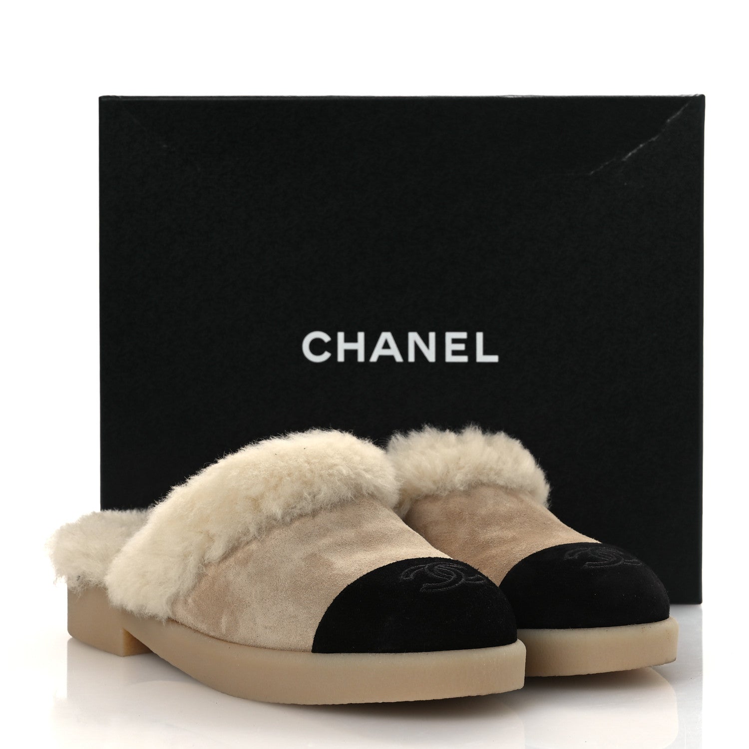 Suede Shearling CC Cap Toe Mules 38.5 Beige Black