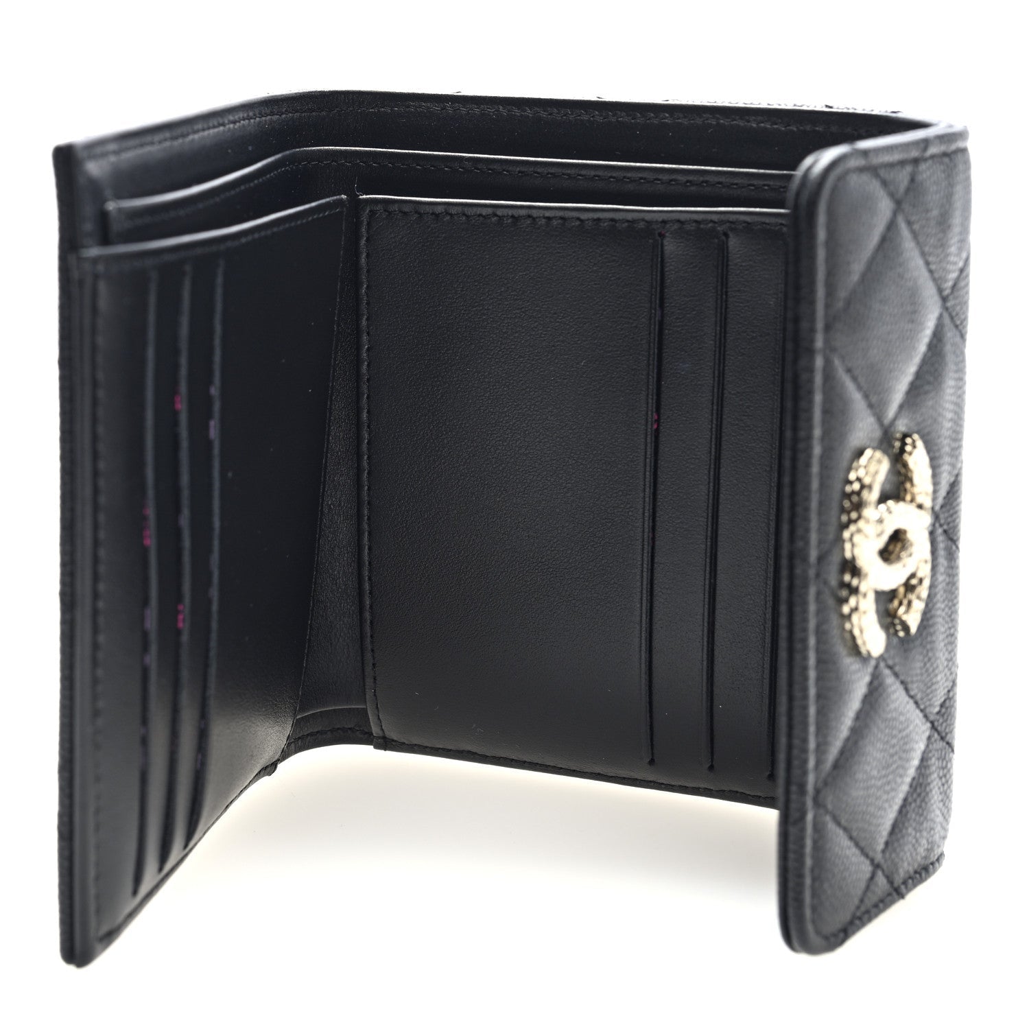 Caviar Quilted Chain Embossed Compact Flap Wallet Black