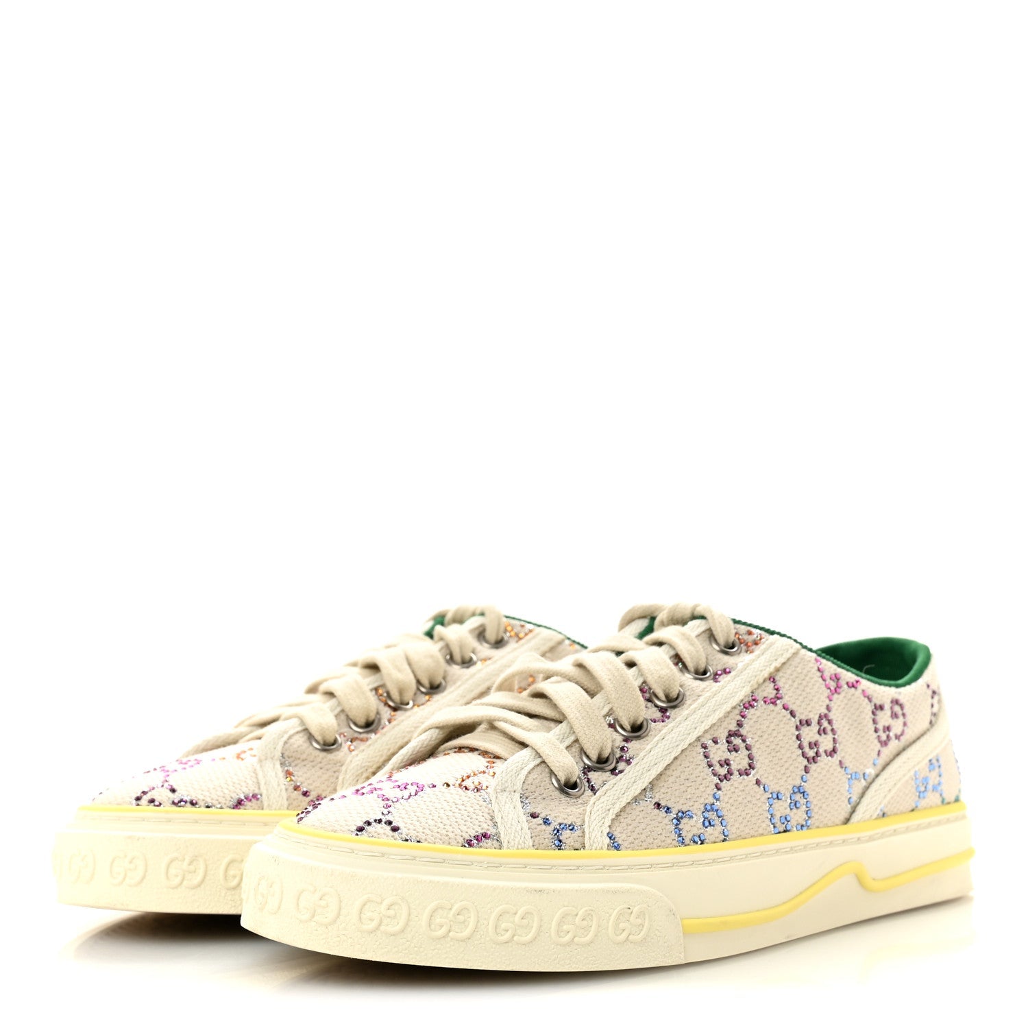 Canvas Lame Crystal GG Monogram Womens 1977 Tennis Sneakers 36 Gardenia Silver Mystic White