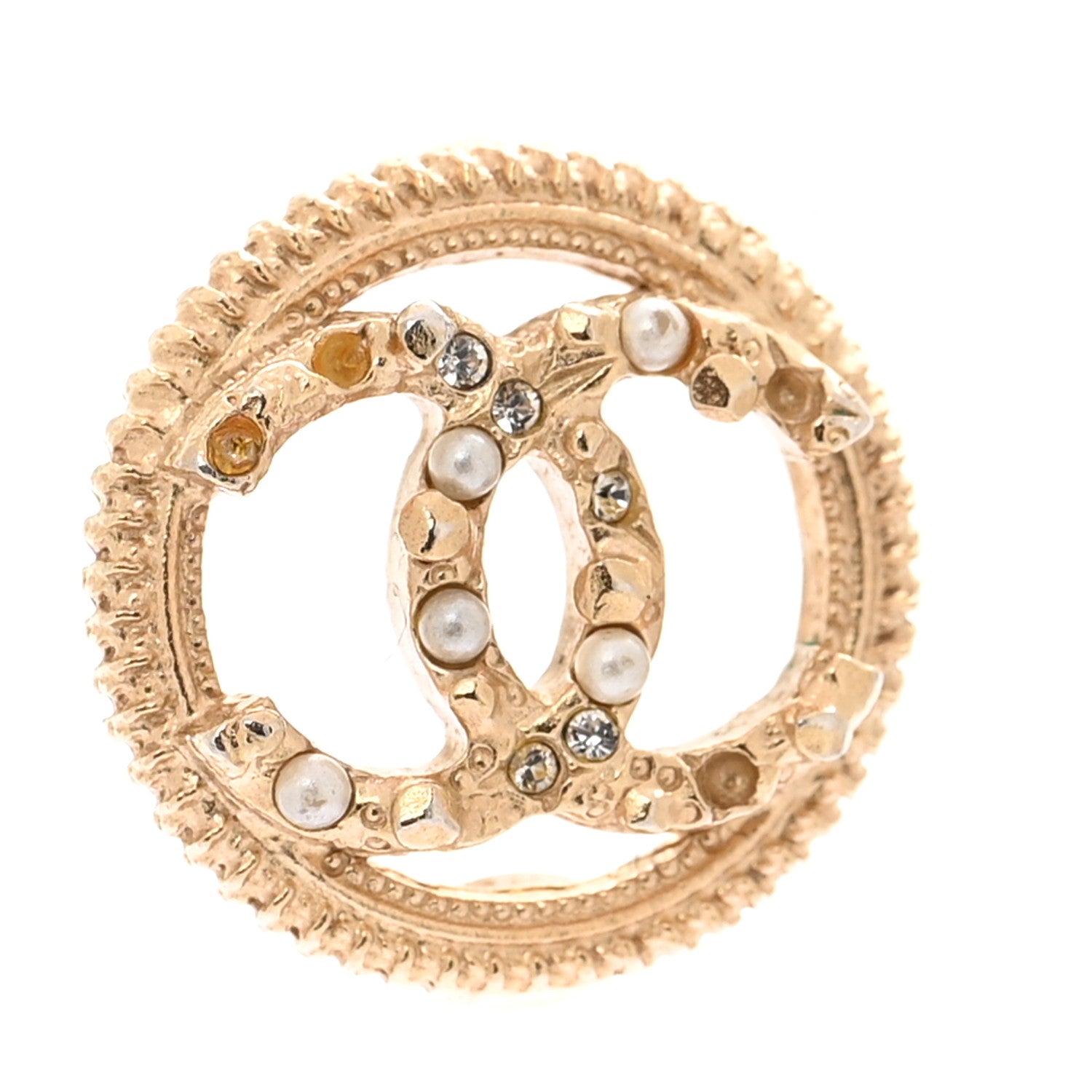 Pearl Crystal CC Round Earrings Gold