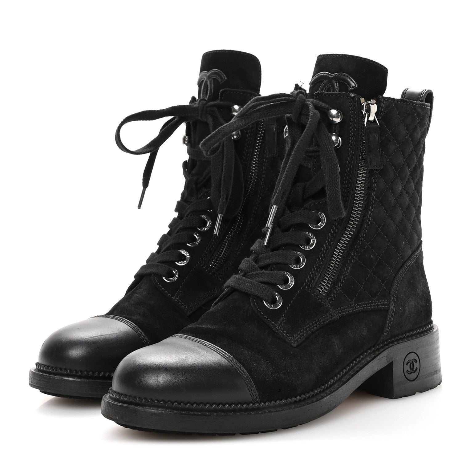 Suede Calfskin Quilted Lace Up Combat Boots 37 Black
