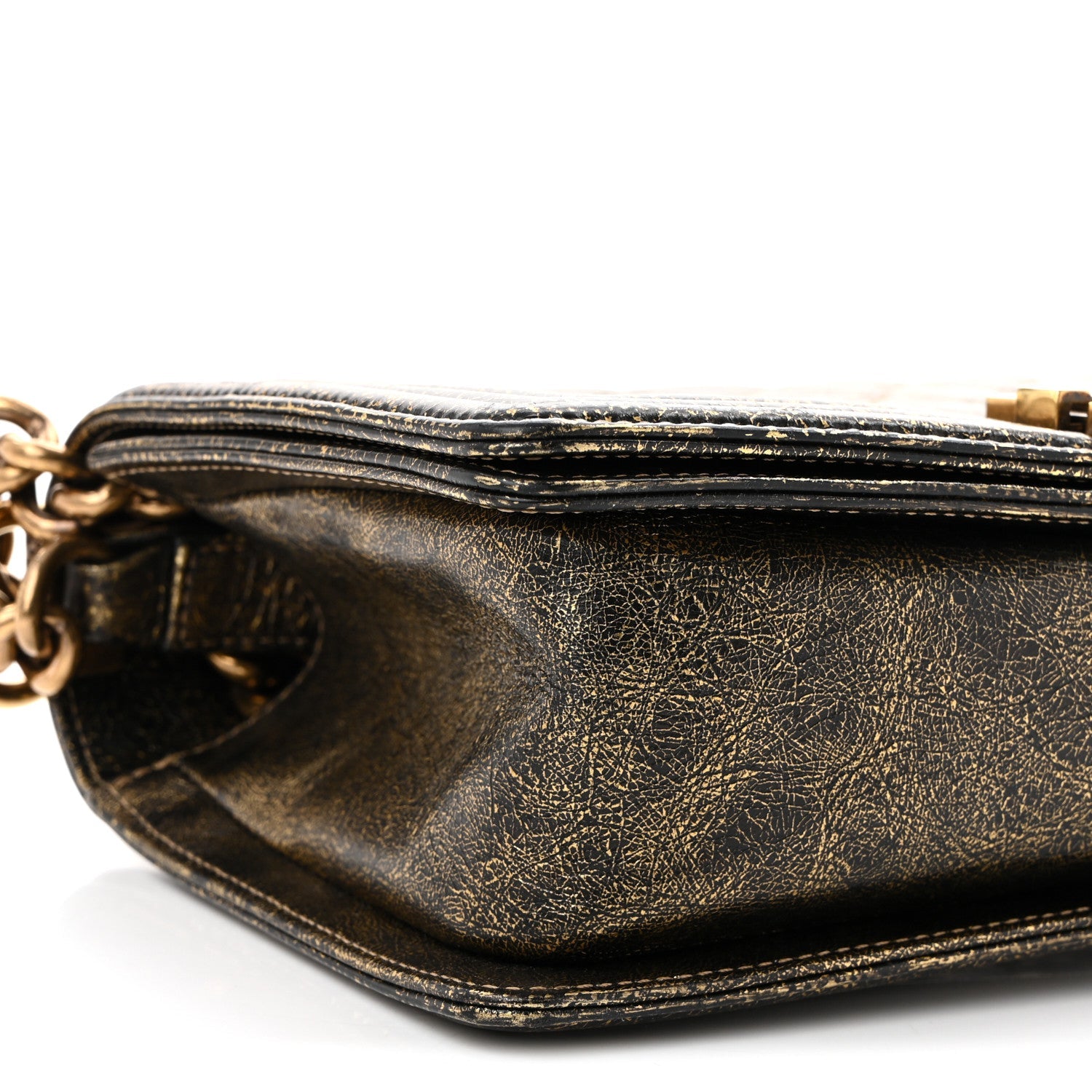 Cracked Metallic Calfskin Quilted Medium Boy Flap Gold