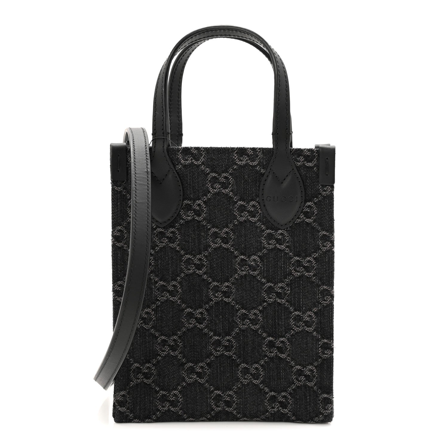 Denim Cuoio Harness GG Monogram Mini Ophidia Tote Bag Black Medium Grey