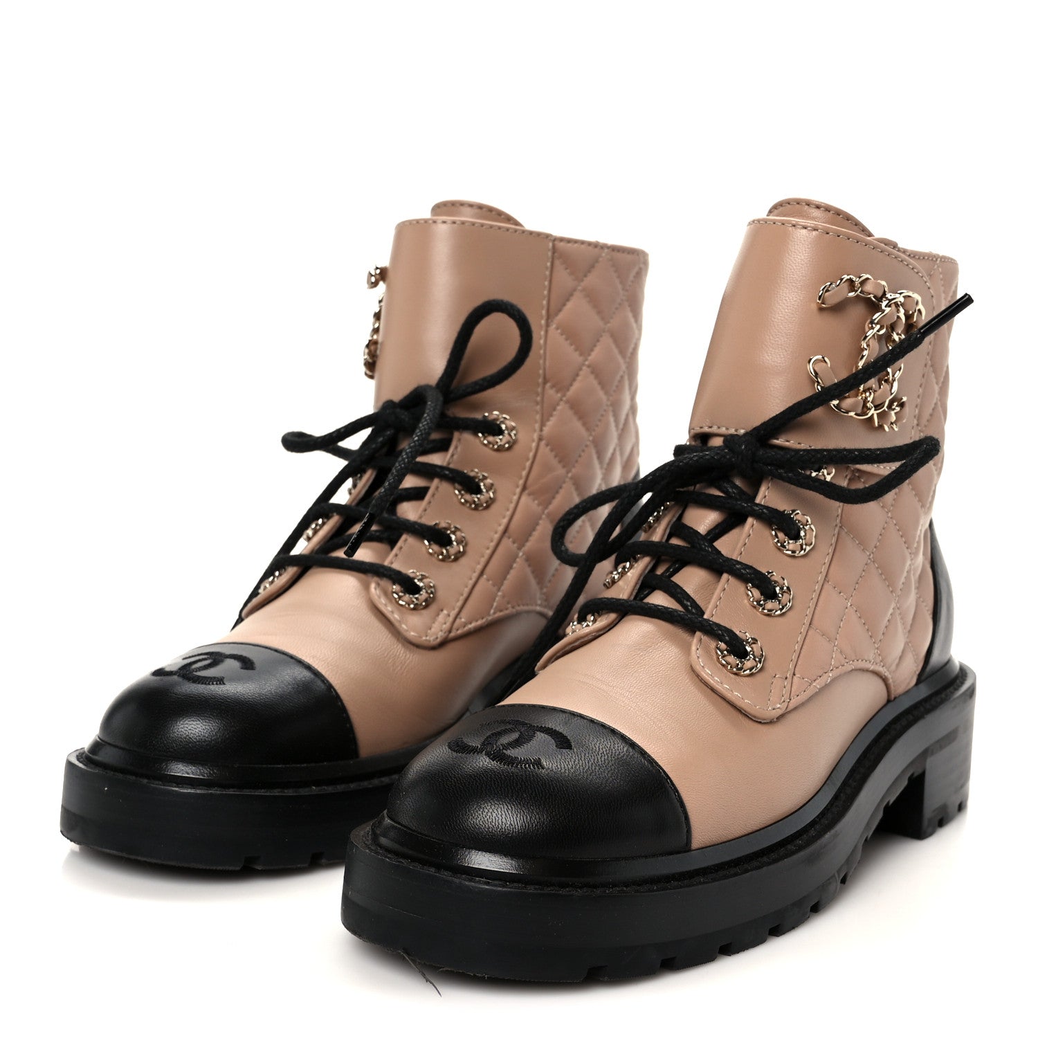 Shiny Lambskin Quilted Lace Up Combat Boots 36 Beige Black