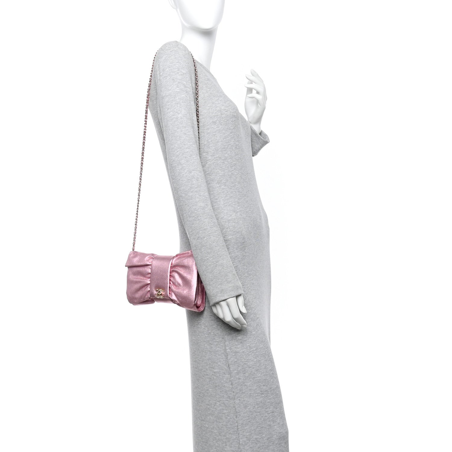 Metallic Lambskin Tie My Bow Flap Clutch With Chain Pink