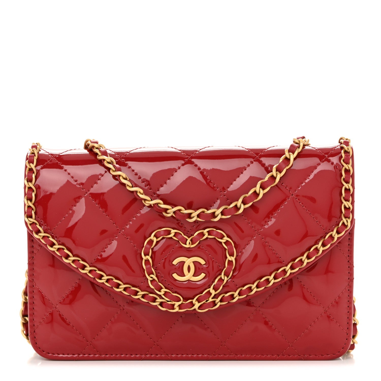 Patent Quilted Chain Around Heart Wallet On Chain WOC Red