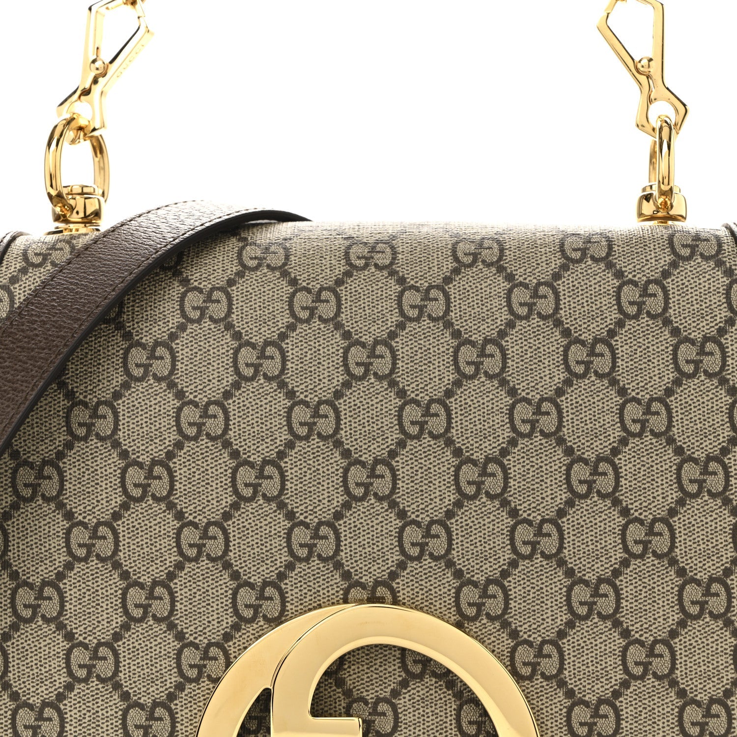 GG Supreme Monogram Textured Dollar Calfskin Web Medium Blondie Top Handle Shoulder Flap Bag Beige Ebony New Acero