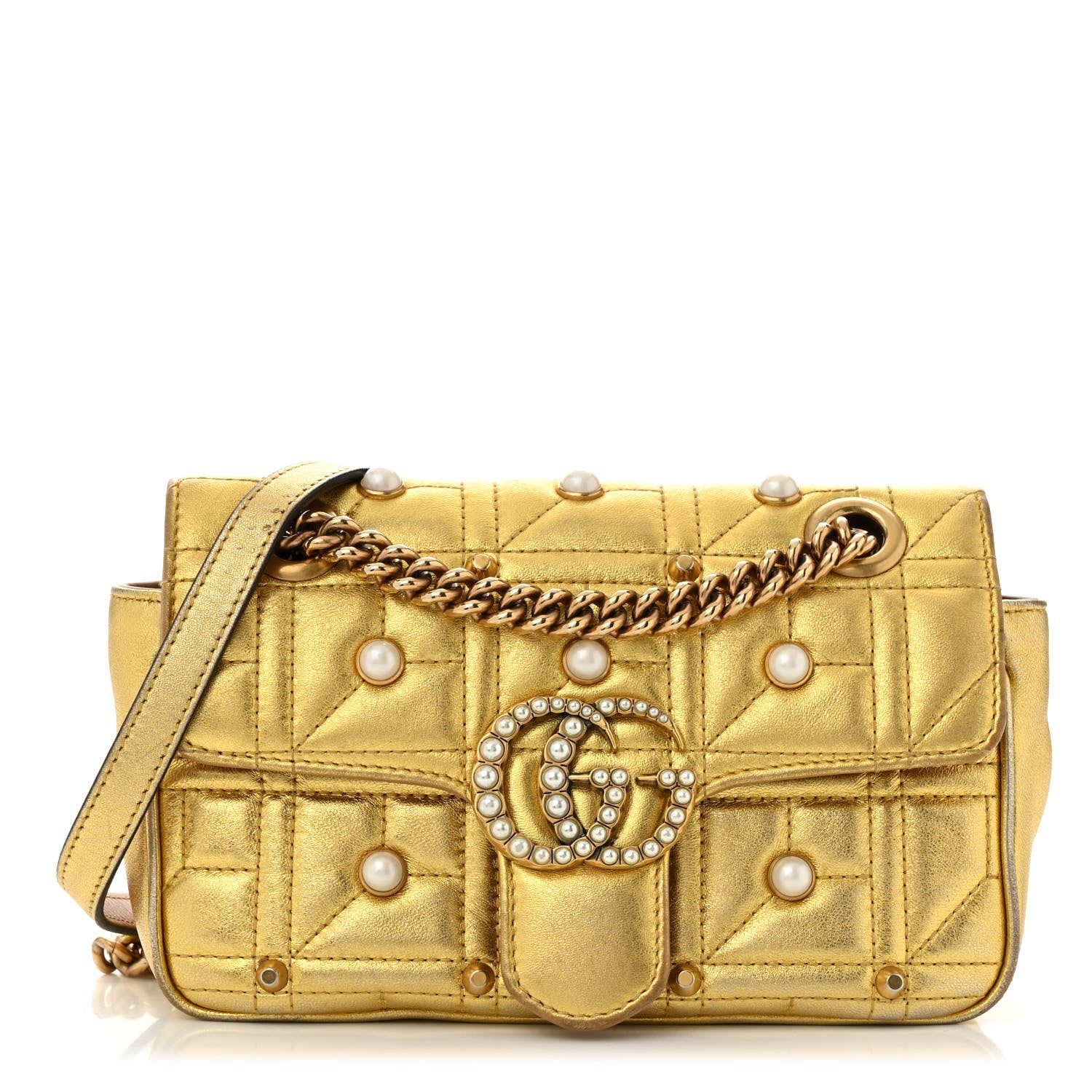 Metallic Calfskin Matelasse Studded Mini Pearly GG Marmont Shoulder Bag Gold
