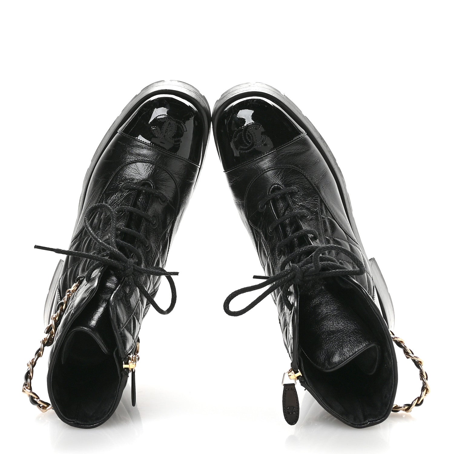Shiny Calfskin Patent Quilted Chain Lace Up Combat Boots 40 Black