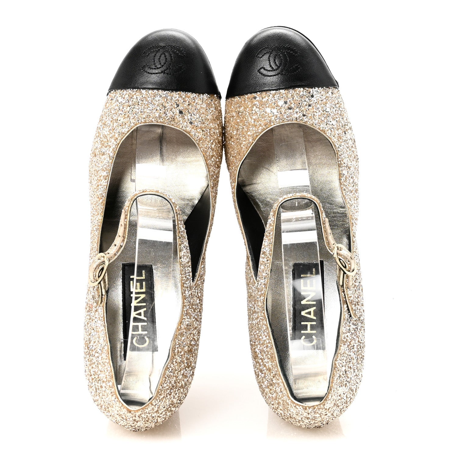 Glitter Lambskin Cap Toe CC Mary Jane Pumps 40 Light Gold Black