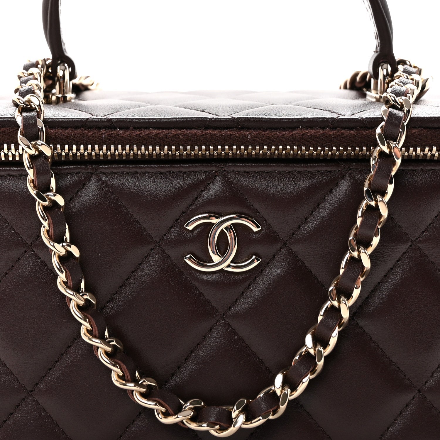 Lambskin Quilted Small Top Handle Vanity Case With Chain Dark Brown