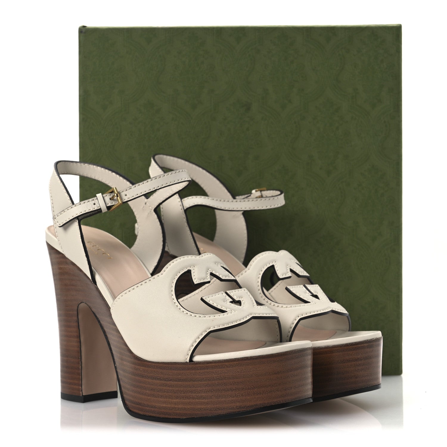 Cosmos Softy Calfskin Wooden Interlocking G Cut-Out 30/120mm Platform Sandals 40 Mystic White