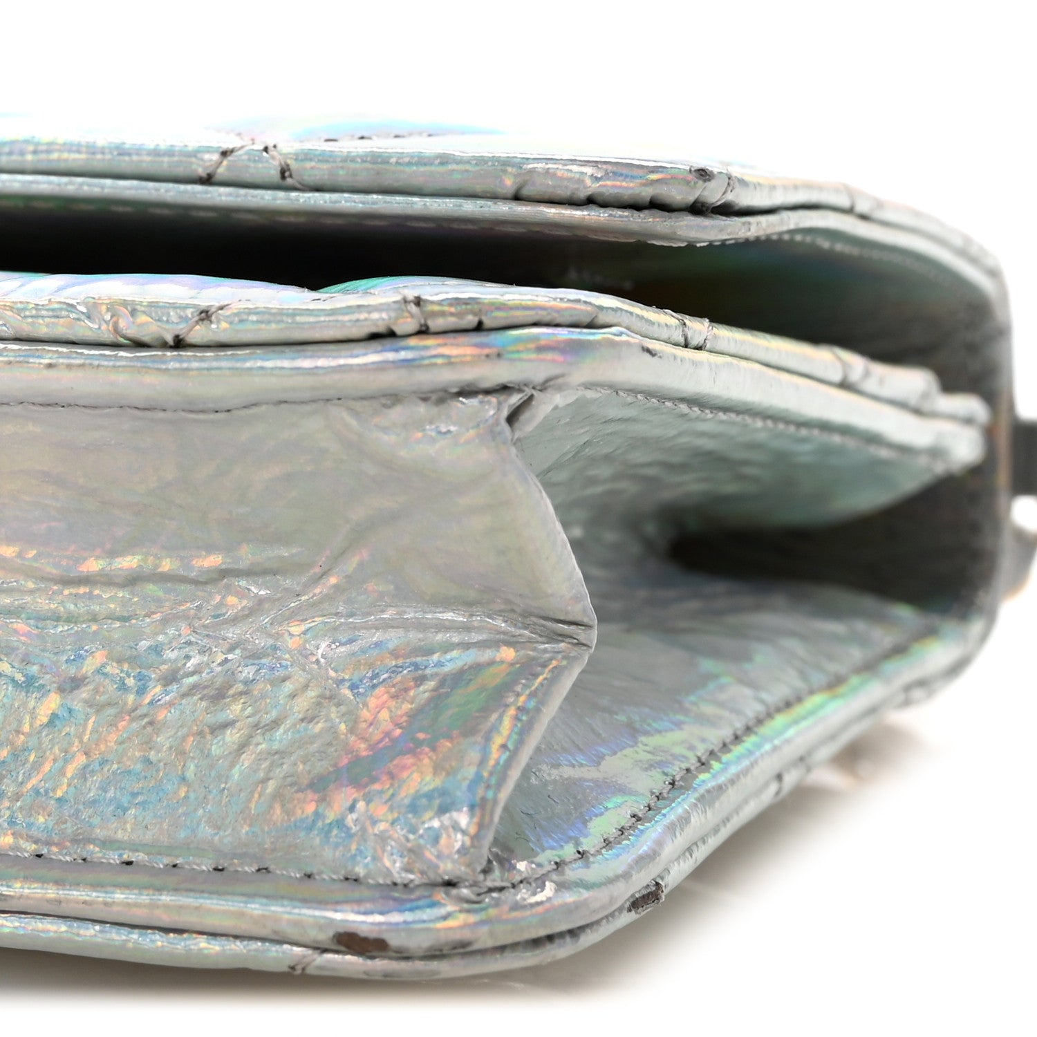 Iridescent Goatskin Quilted Wallet On Chain WOC Silver
