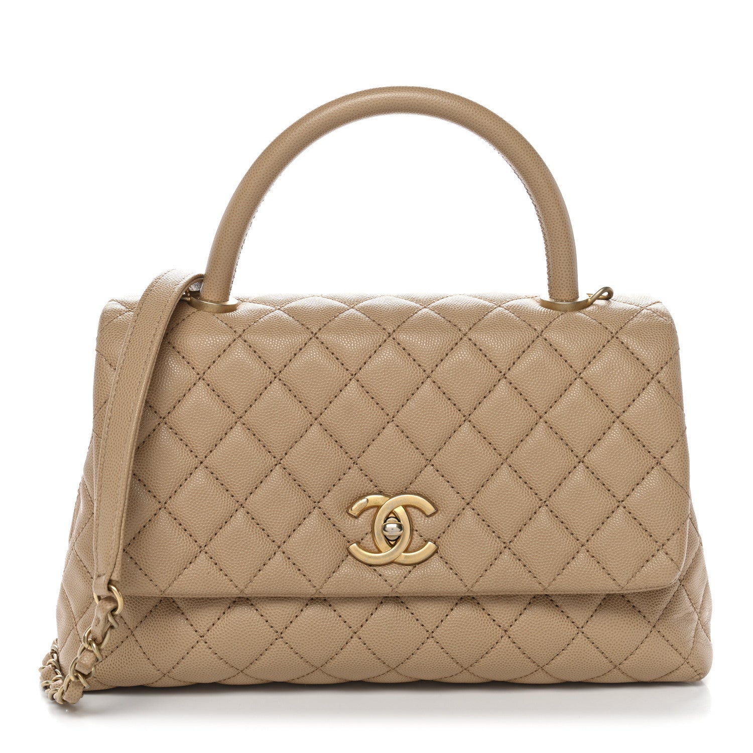 Caviar Quilted Small Coco Handle Flap Beige