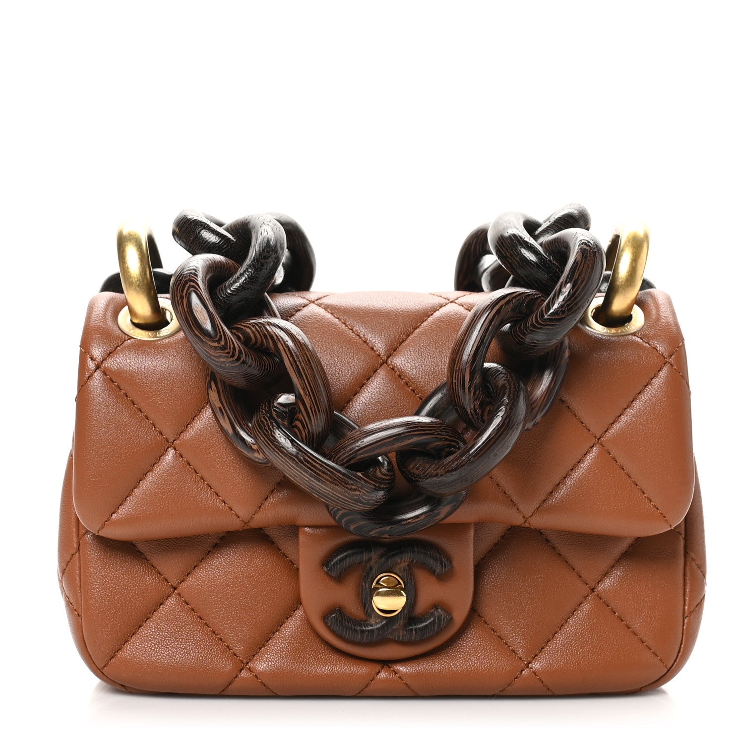 Lambskin Wenge Quilted Mini Fashion Wood Square Flap Light Brown