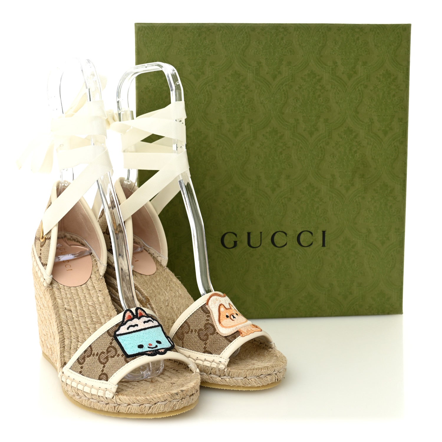 Monogram Patches Ankle Wrap Platform 35/120mm Espadrille Wedges 36 Beige White