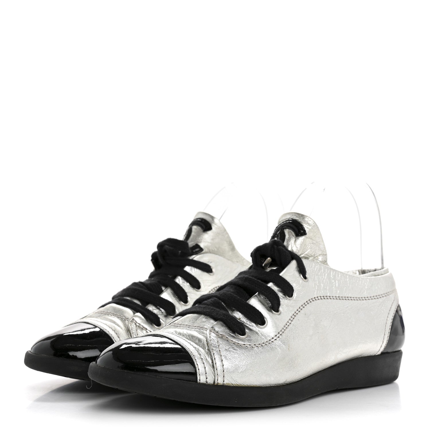 Metallic Lambskin Patent Cap Toe CC Sneakers 38.5 Silver Black