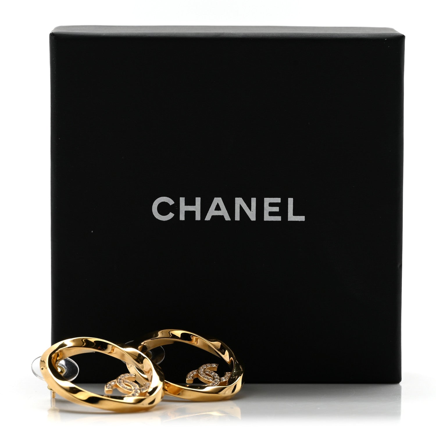 Metal Crystal Studded CC Round Earrings Gold
