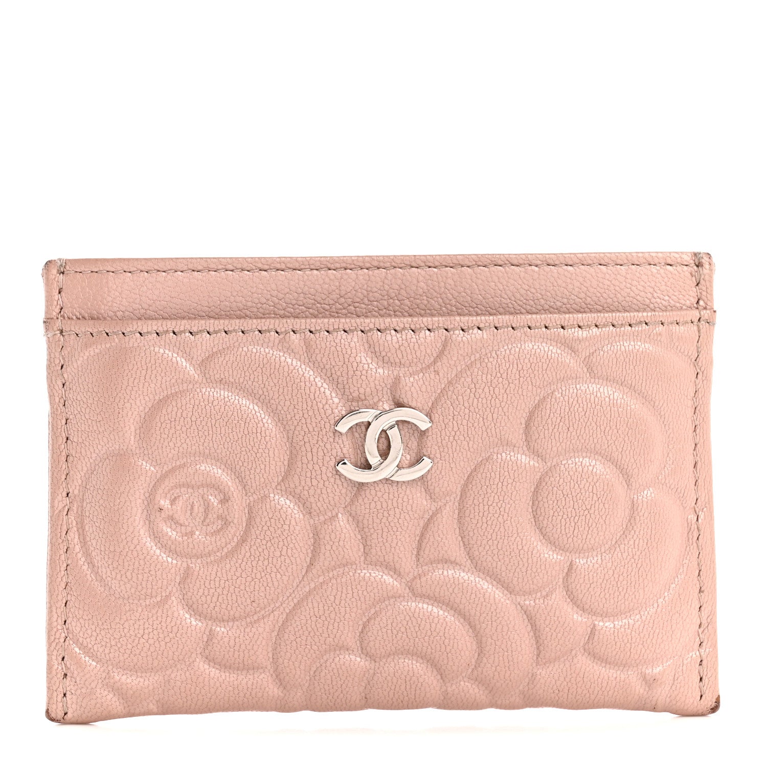 Goatskin Camellia Embossed Card Holder Light Pink