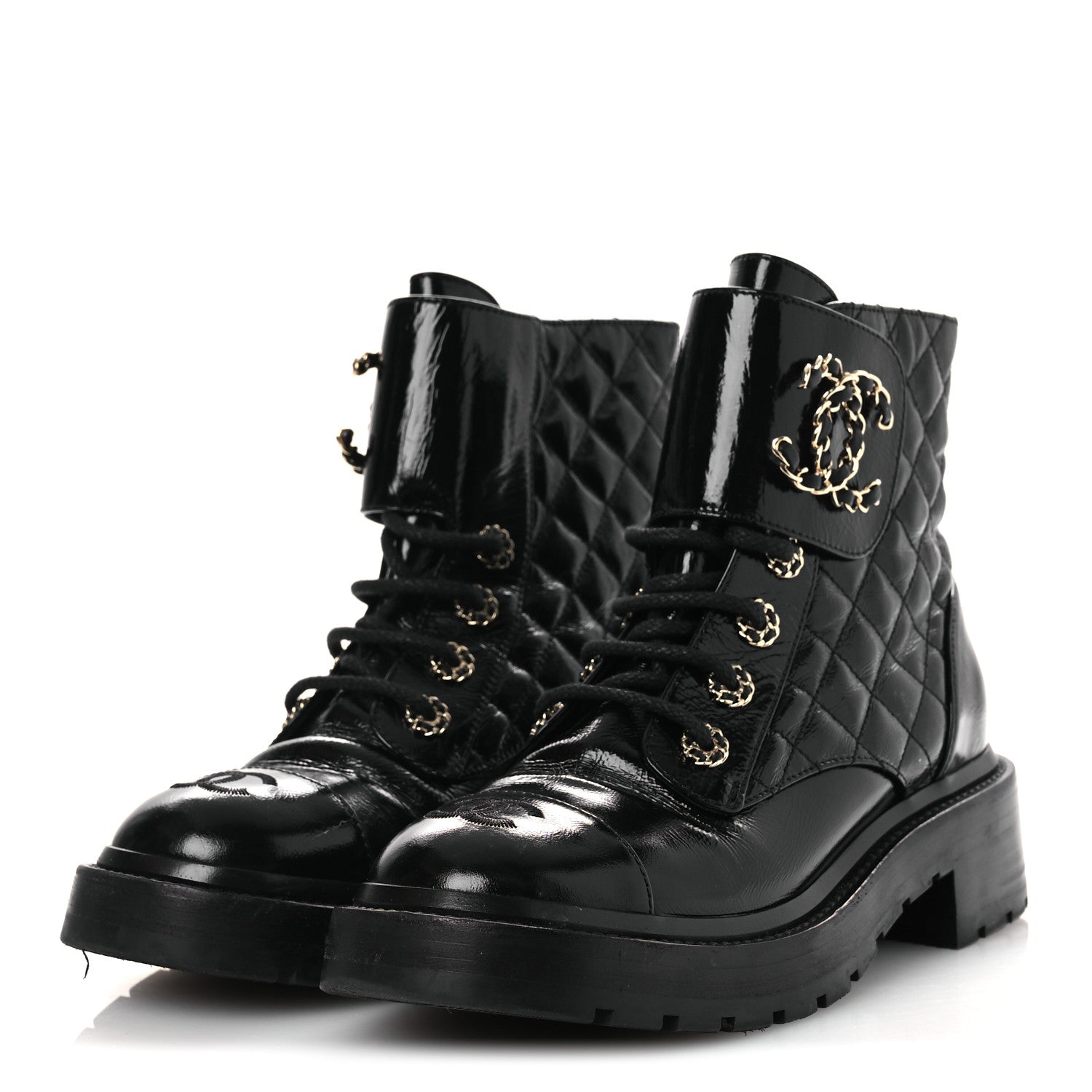 Shiny Calfskin Quilted Lace Up Combat Boots 37 Black