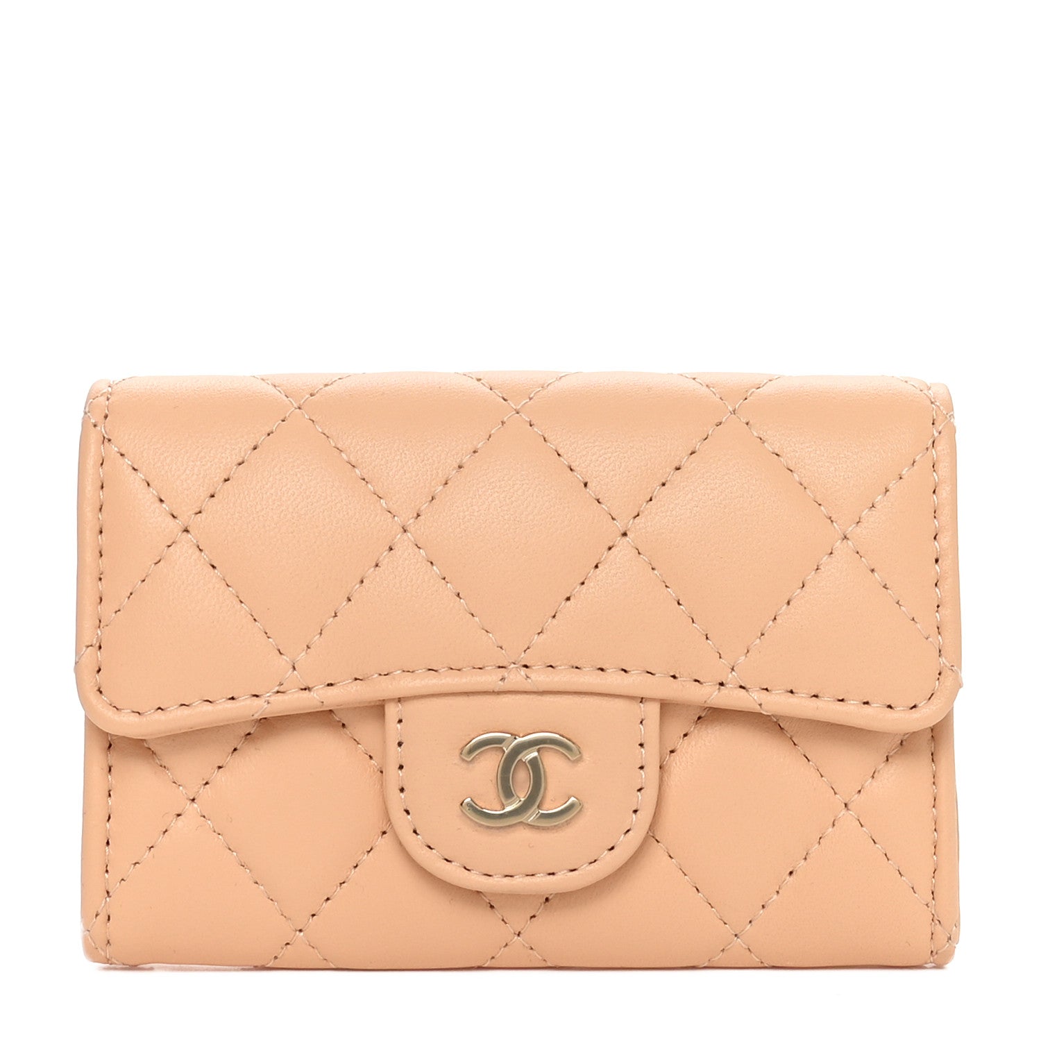 Lambskin Quilted Flap Card Holder Wallet Beige