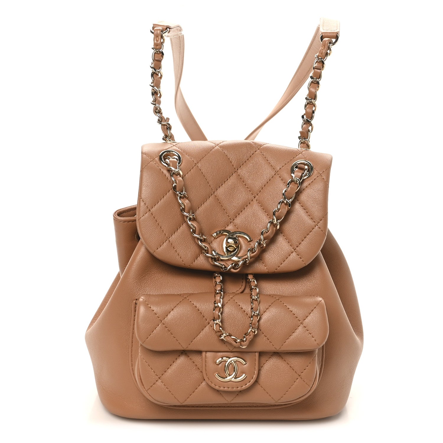 Quilted Small Duma Pockets Drawstring Backpack Light Brown