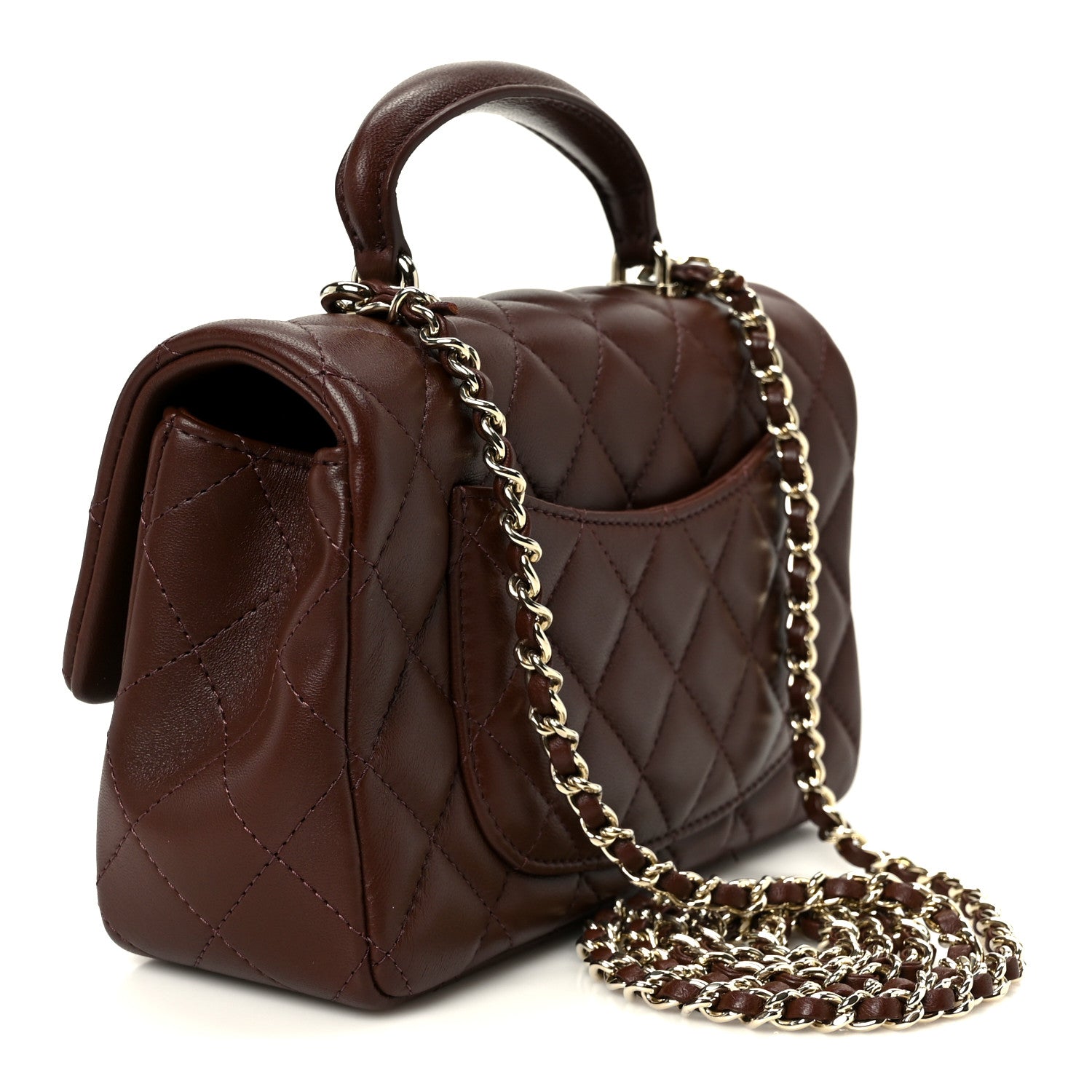 Lambskin Quilted Mini Top Handle Rectangular Flap Dark Brown