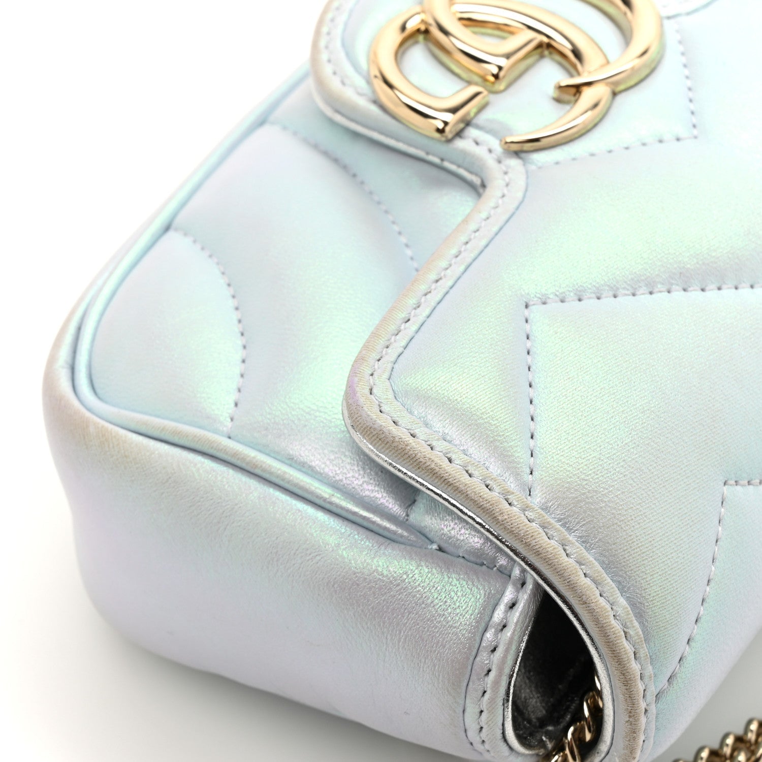 Iridescent Nappa Chevron Matelasse Super Mini GG Marmont Shoulder Bag Iridescent Snow Light Blue