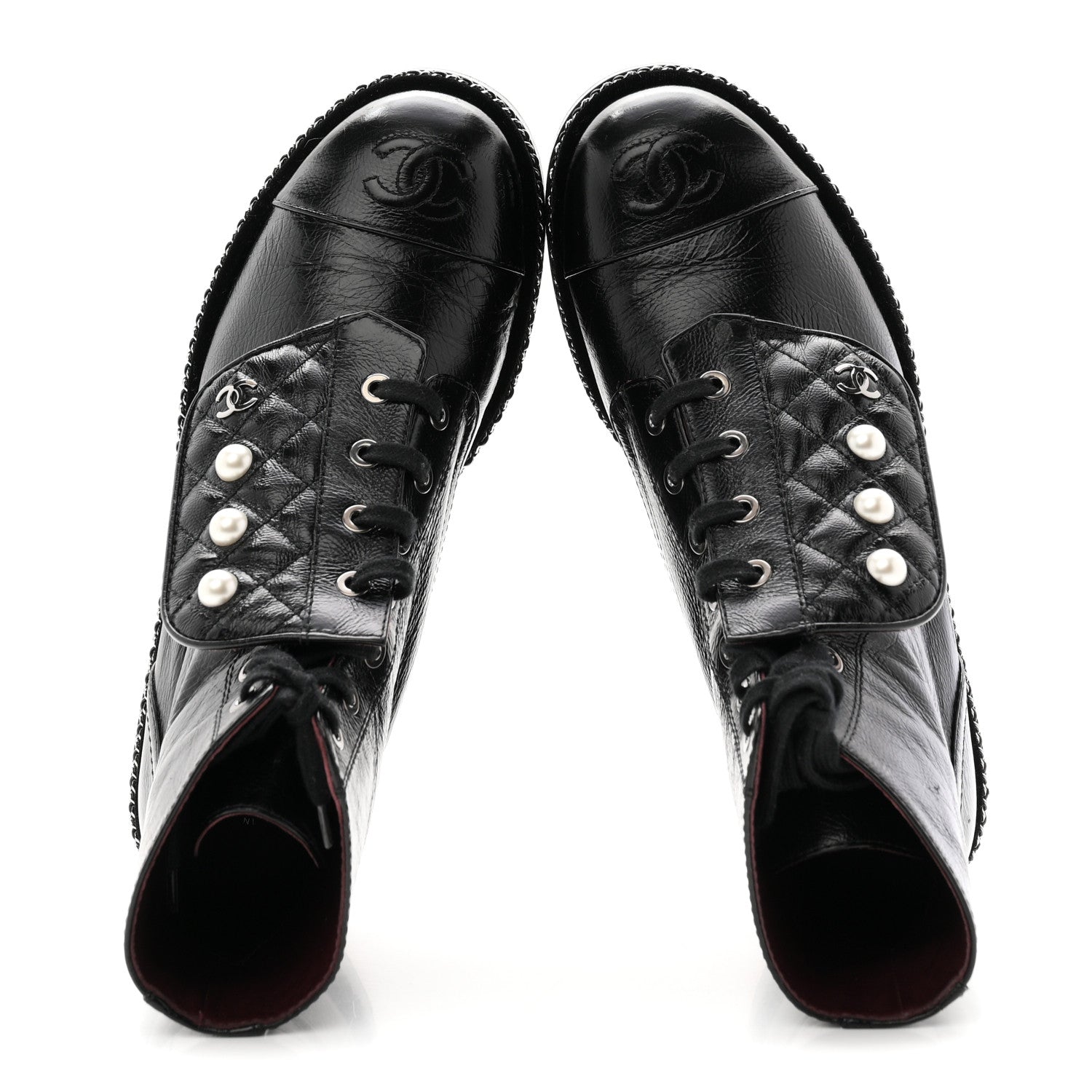Crackled Calfskin Velvet Pearl Combat Short Boots 38 Black