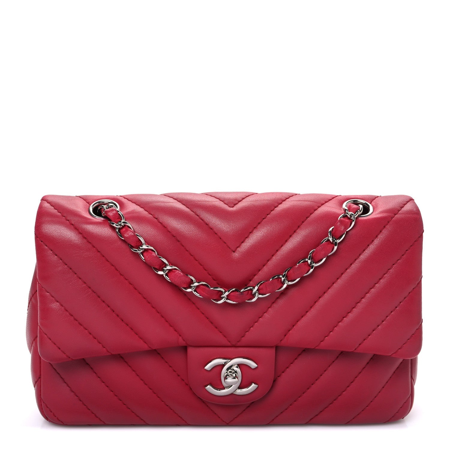 Lambskin Chevron Quilted Medium Single Flap Dark Pink