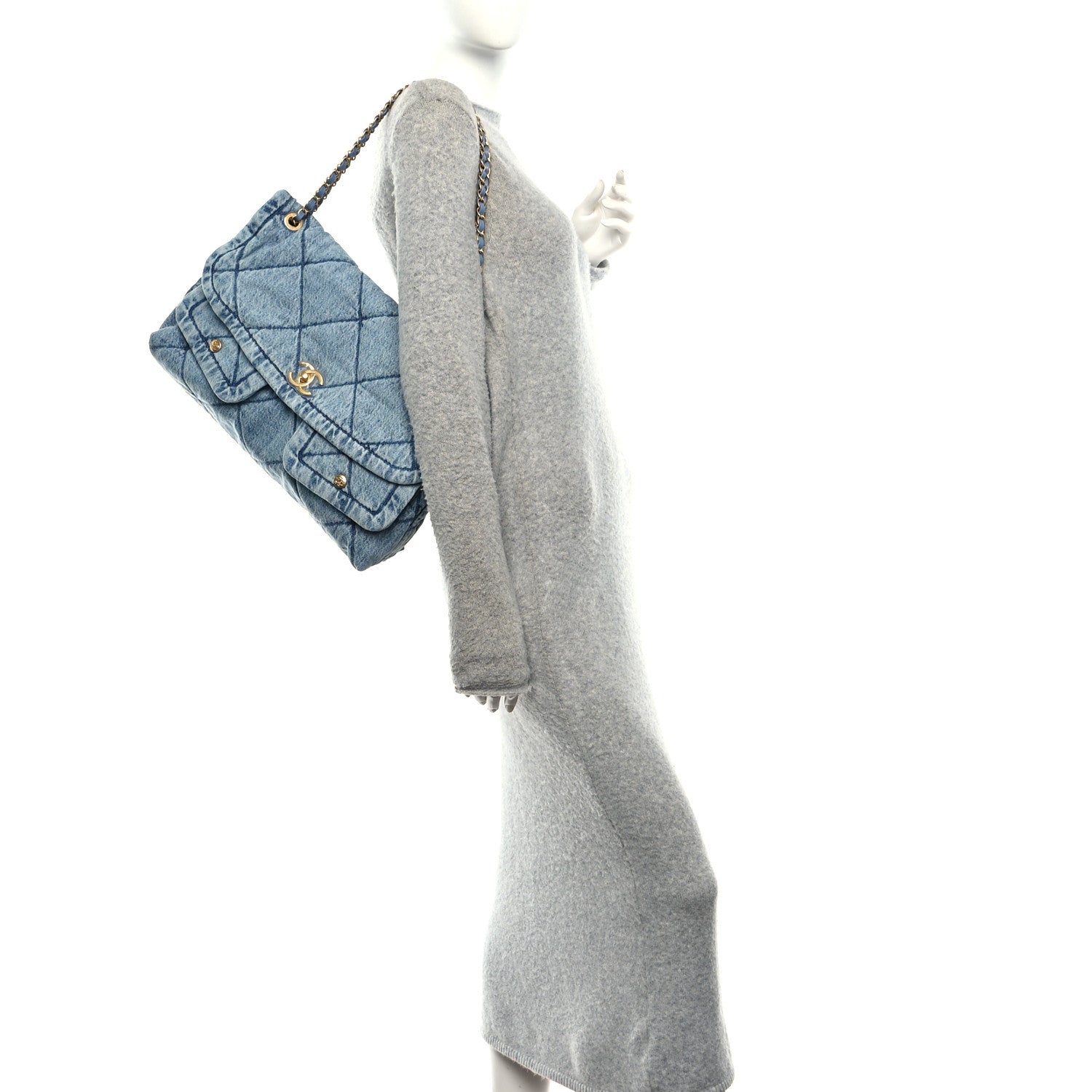 Washed Denim Quilted Maxi Flap Bag Blue