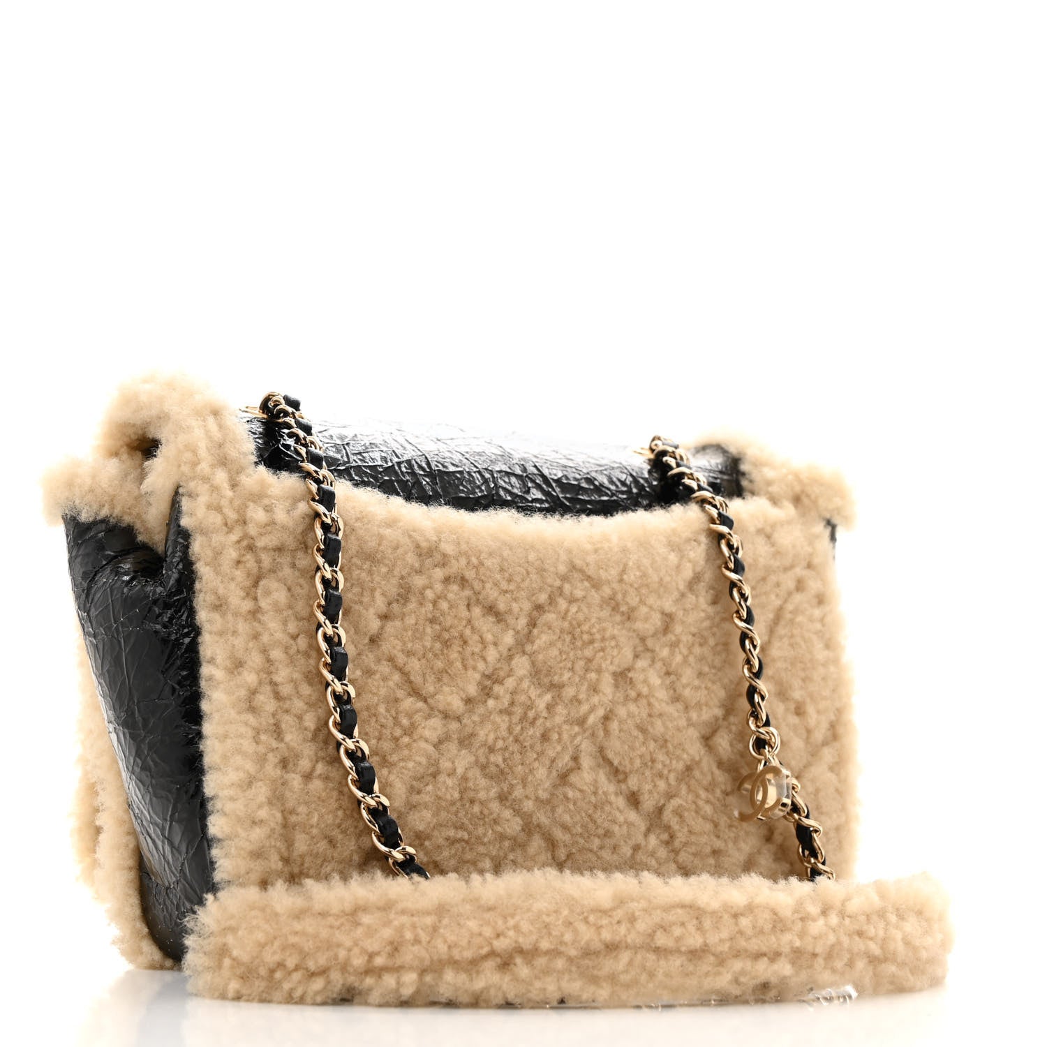 Shiny Crumpled Sheepskin Shearling CC Mania Flap Bag Black Beige