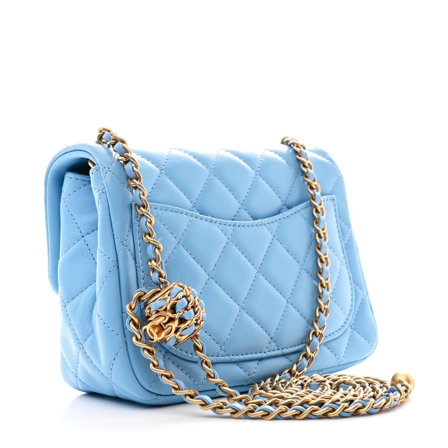 Lambskin Quilted Mini Pearl Crush Flap Light Blue