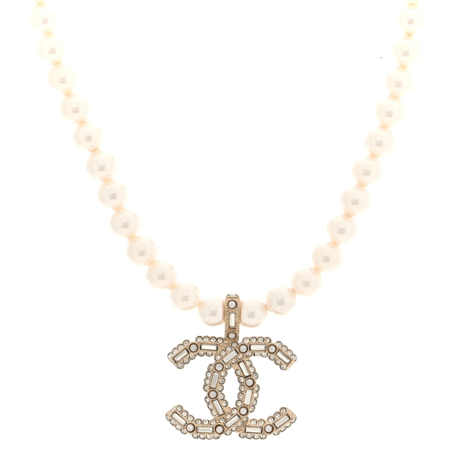 Pearl Crystal Baguette CC Short Necklace Gold