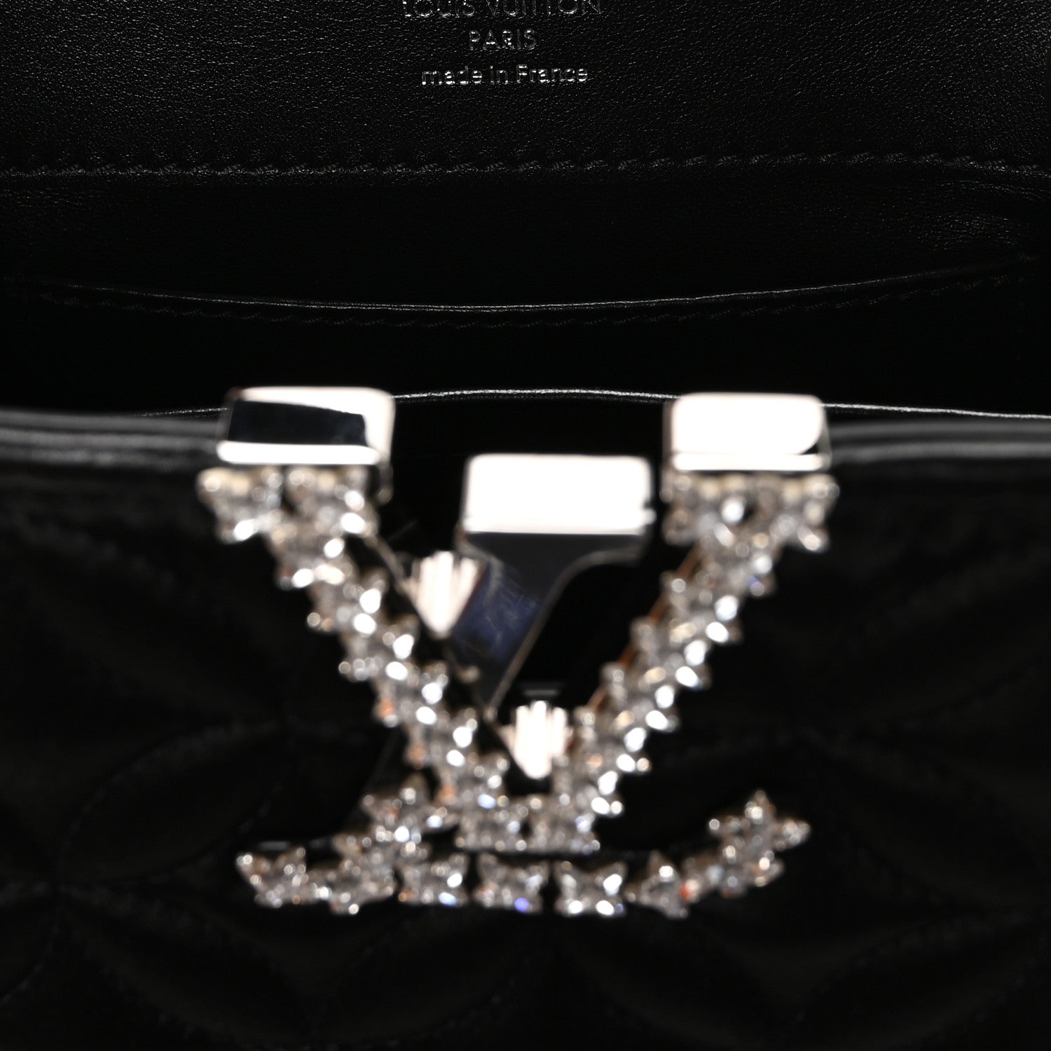 Satin Quilted Flower Crystal Mini Capucines Black
