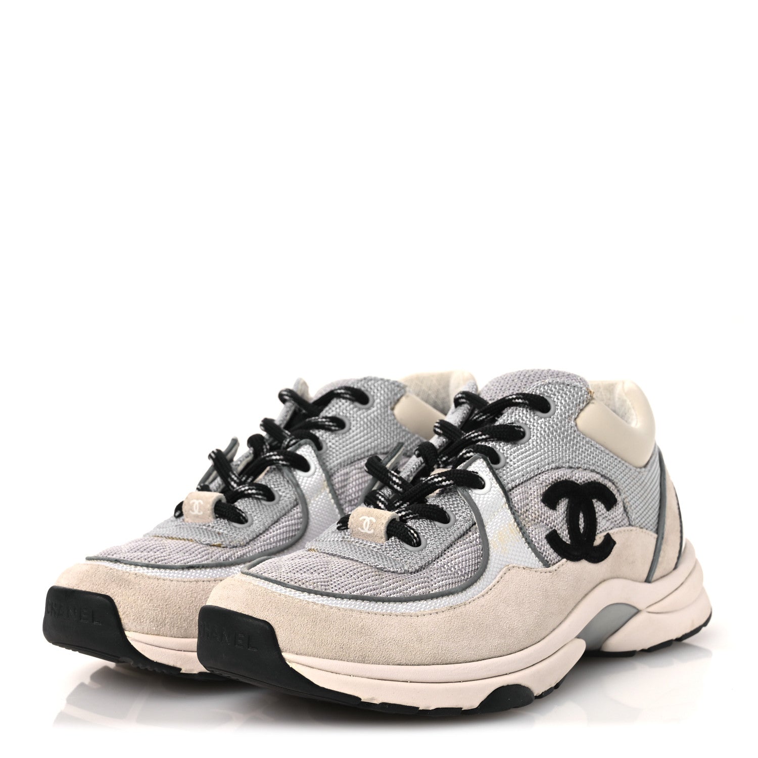 Mesh Suede Calfskin Grained Calfskin Womens CC Sneakers 37 Grey White