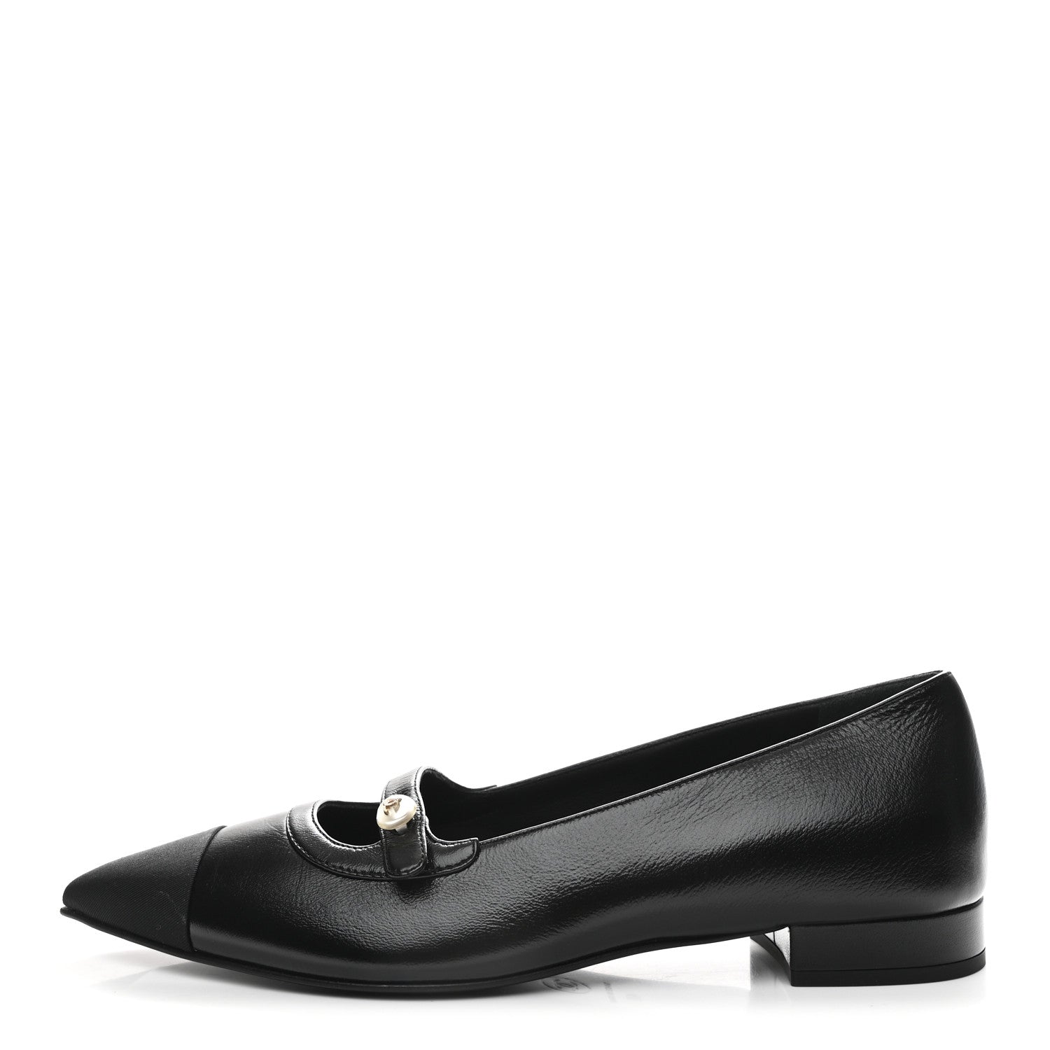 Shiny Lambskin Grosgrain Pearl Mary Jane Flats 40 Black
