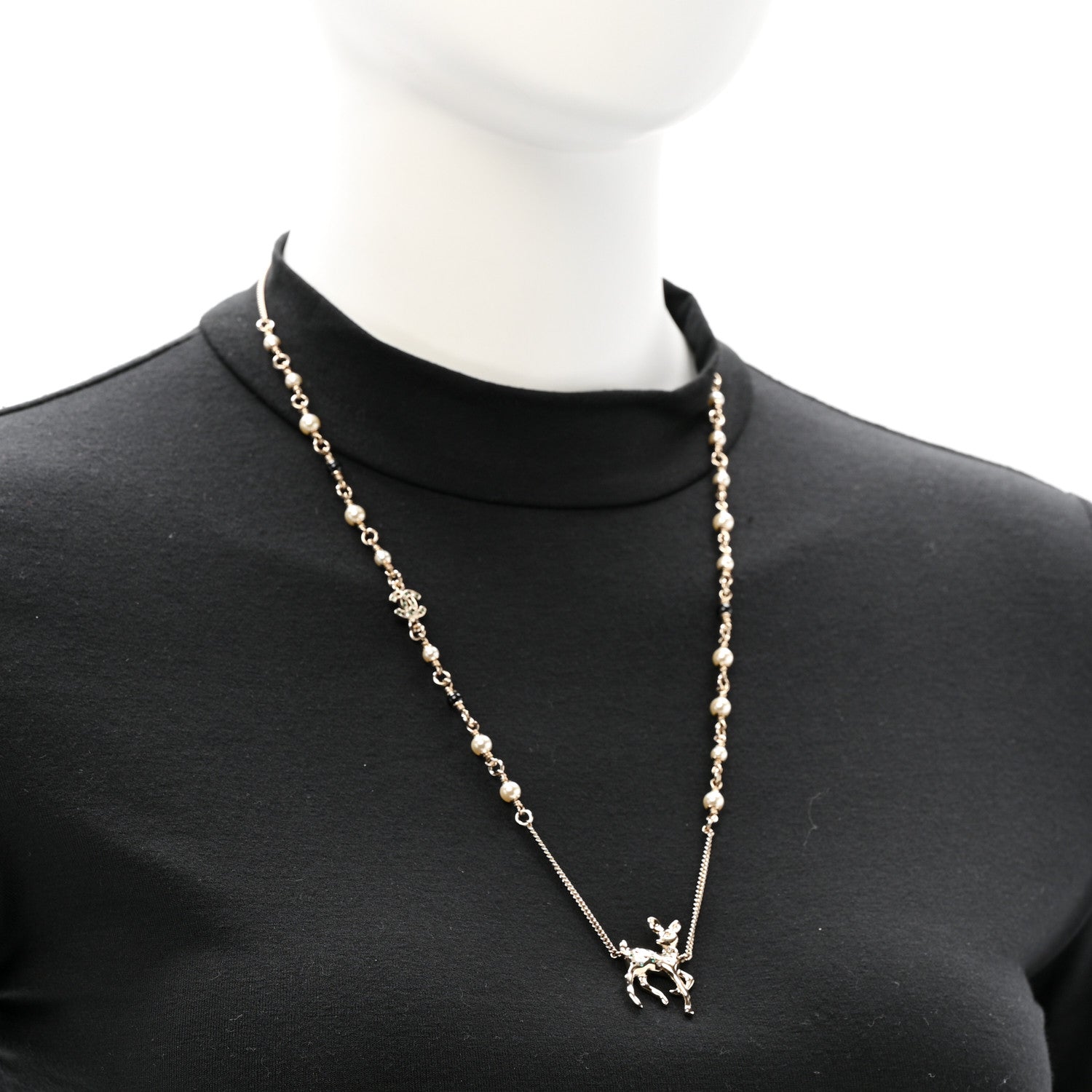 Pearl Crystal CC Deer Long Necklace Gold Green